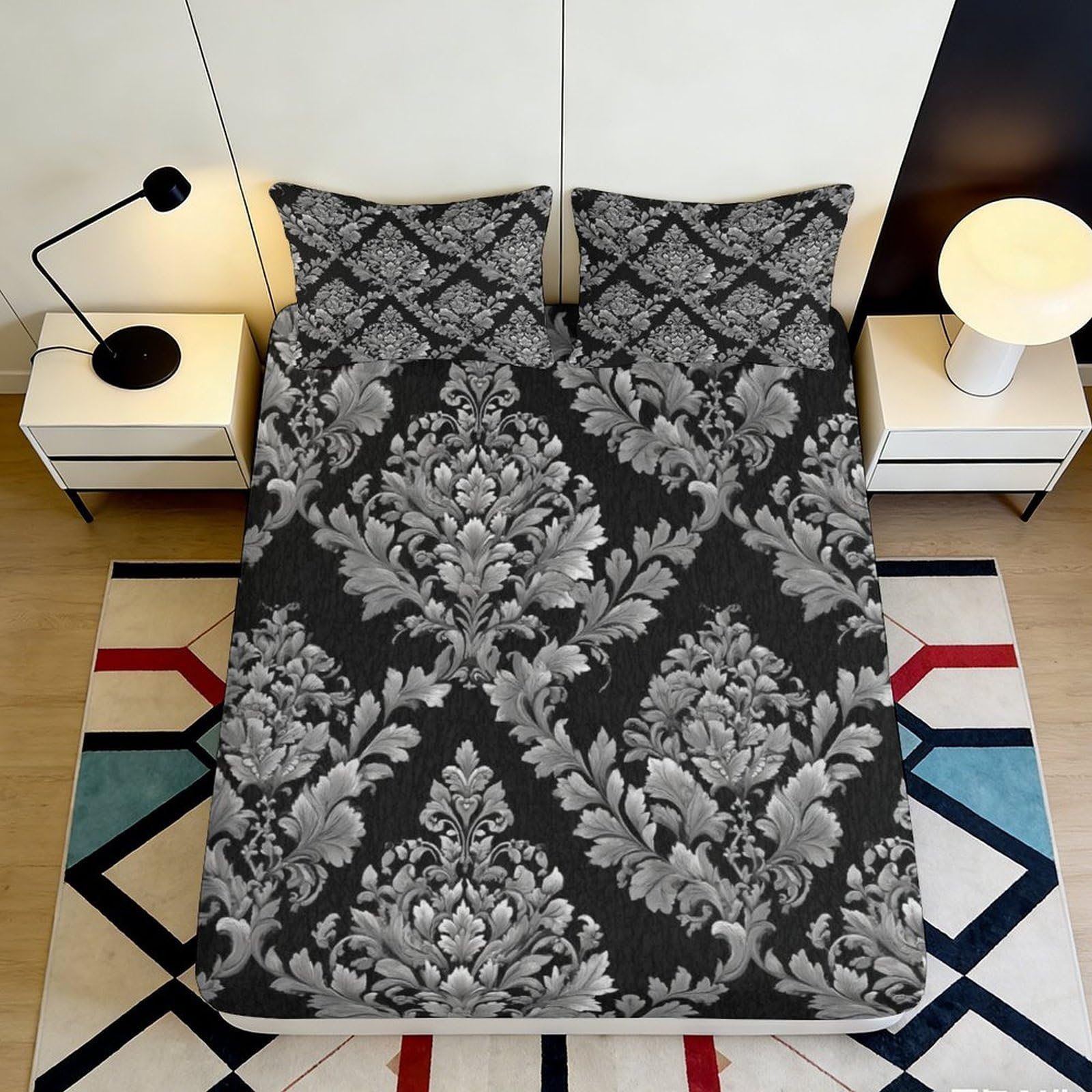3D Printed Baroque Damask Fitted Sheet Microfiber Black Silver Luxury Ornamental Mattress Cover Bedroom Dorm Decor 120x200x25cm
