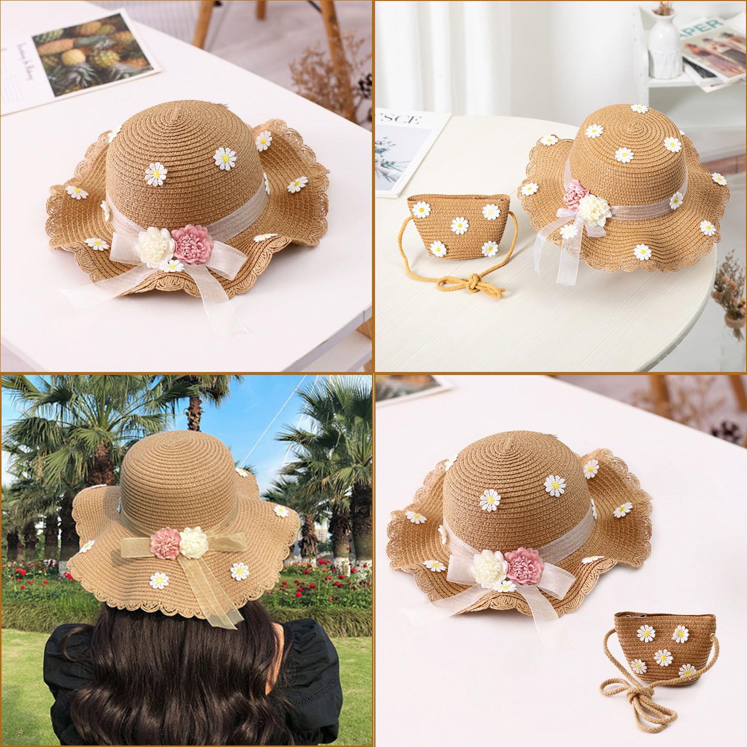 Chapeaux De Paille Filles, Chapeau avec Sac, Chapeau De Soleil en Paille pour Enfants, Rose, Kaki, Papyrus