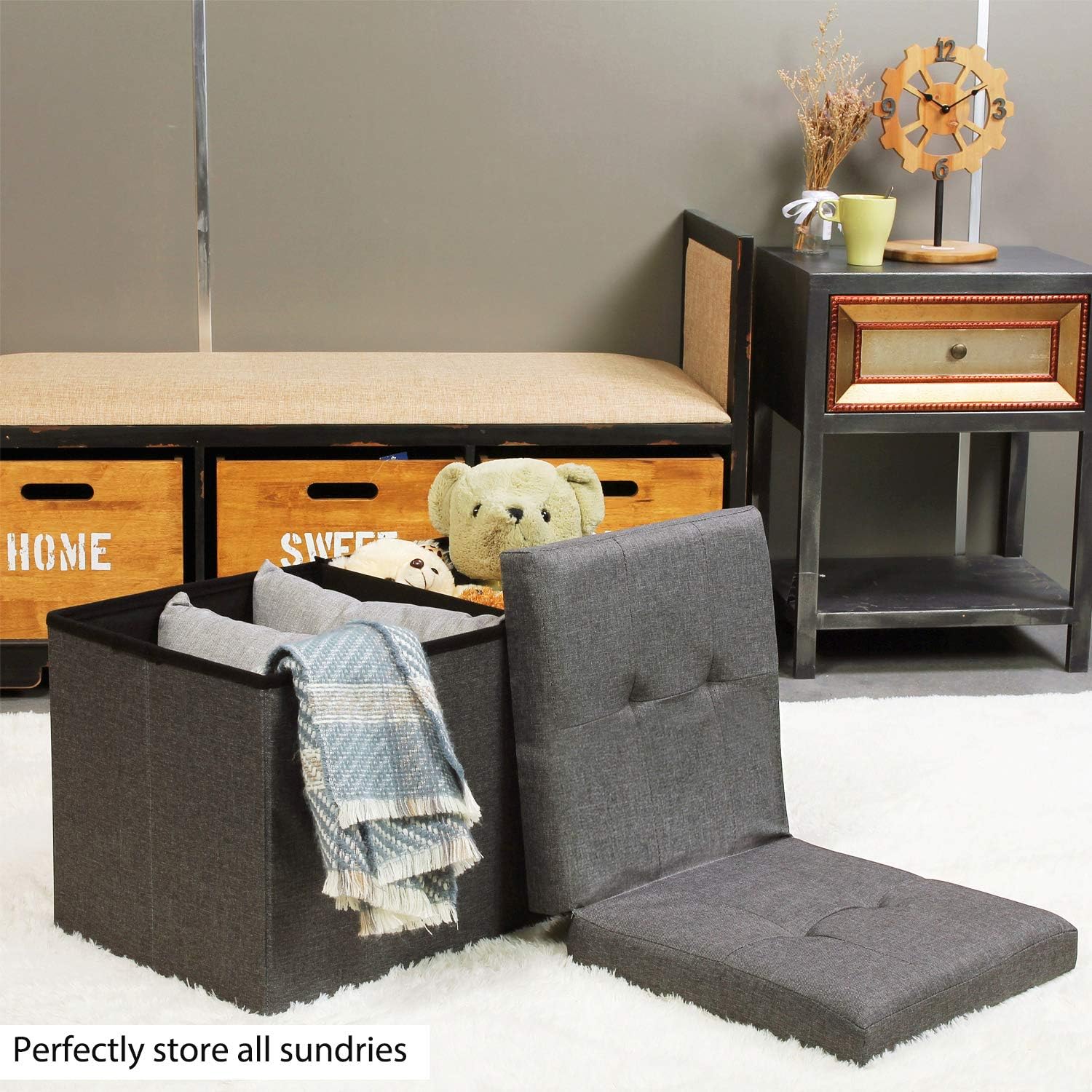 B FSOBEIIALEO Storage Ottoman with Filpping Lids, Ottoman Storage Bench Footrest Seat, Storage Organizer Toy Chest Linen 30"x15"x15" (Grey) : Home & Kitchen