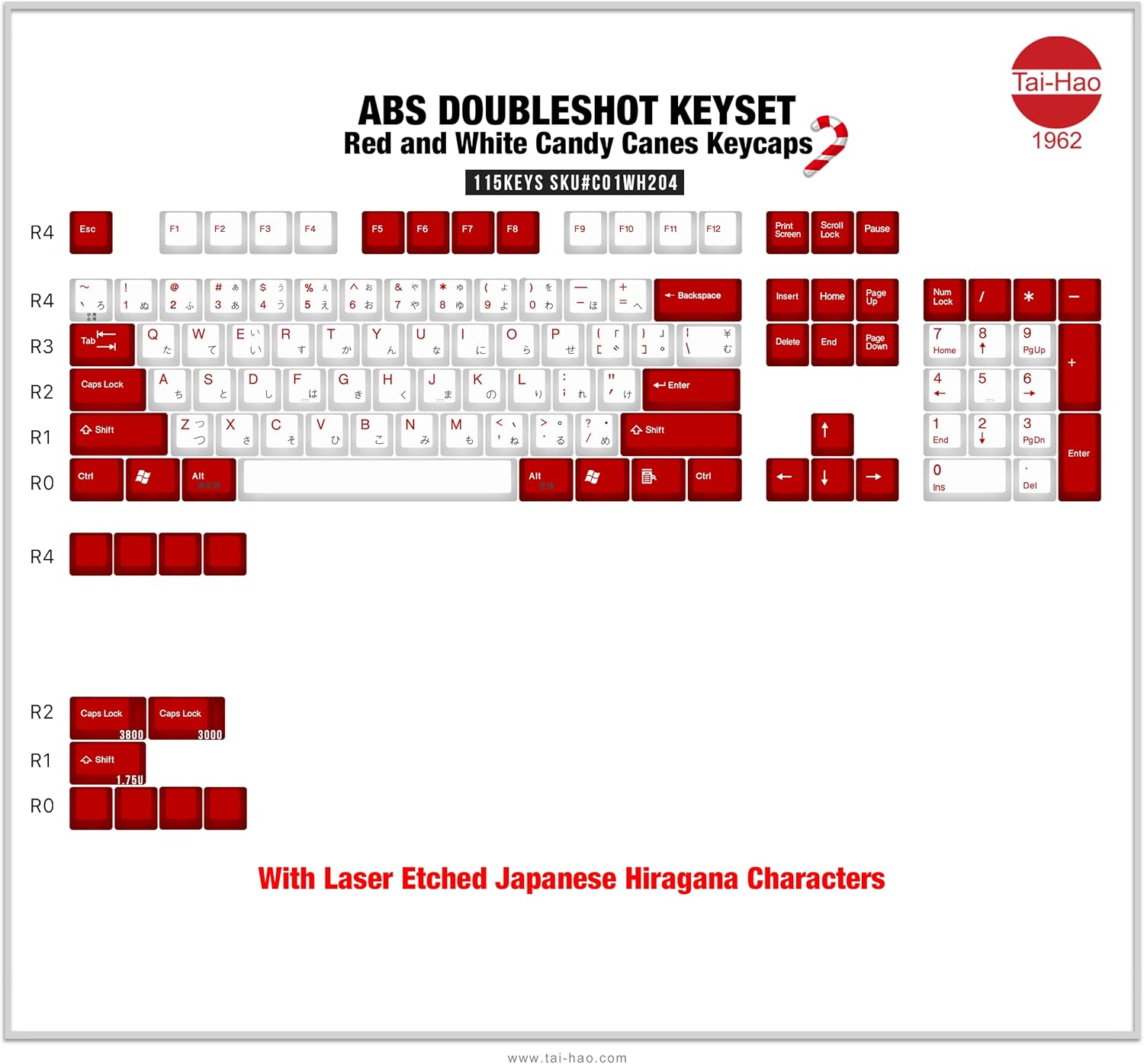 TAI-HAO US Layout+Japanese Characters are Laser Engraved /115 Red and White ANSI Layout Compatible with All MX Types Keyboards(61/87/104/108+1.75U Shift Key) Double Shot Keycap Set