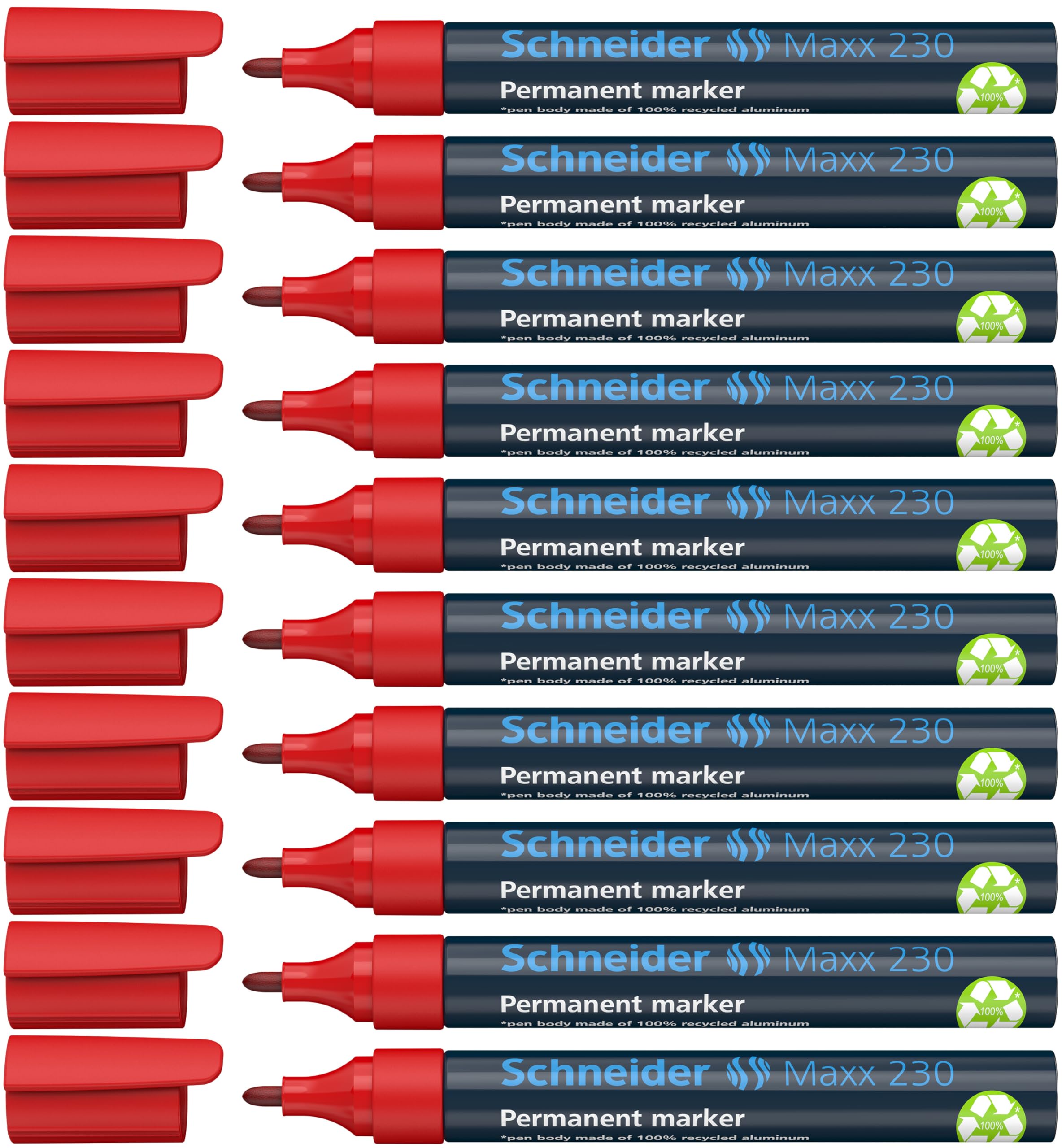 Schneider 230 Permanent Marker Pen 1 - 3 mm Refillable Aluminium Barrel Pack of 10 Red