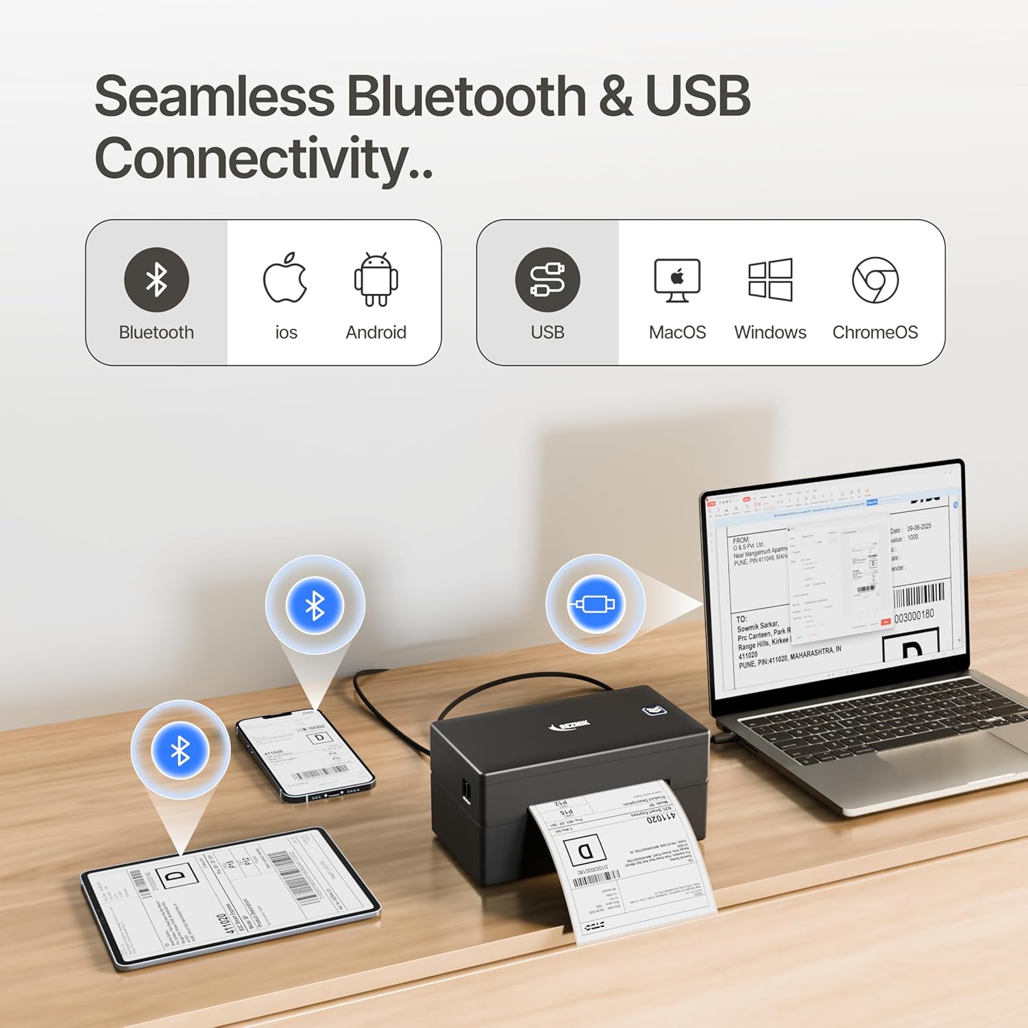 SEZNIK LabelX Bluetooth Shipping Label Printer for Ecommerce | Thermal Printer, 4×6 Label,203 DPI | Wireless + USB | Free App+Software, Barcode | Android, iOS, Mac, Win | 1Yr Warranty | No SellerFlex