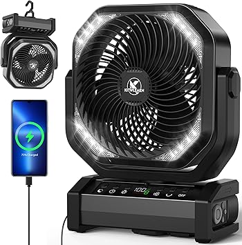 KITWLEMEN Ventilador de camping con luz, 20000 mAh, 112 horas de autonom a m x. 9 velocidades, temporizador, oscilaci n autom tica, rotaci n de 270  y gancho de camping, corte de corriente, hurac n