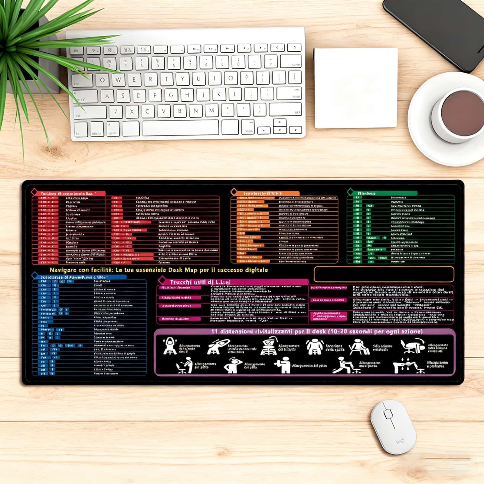 Tappetino Mouse XXL con Scorciatoie Excel in Italiano - Scrivania Ufficio con Comandi Word PPT Windows + 11 Consigli Relax - 40x90cm