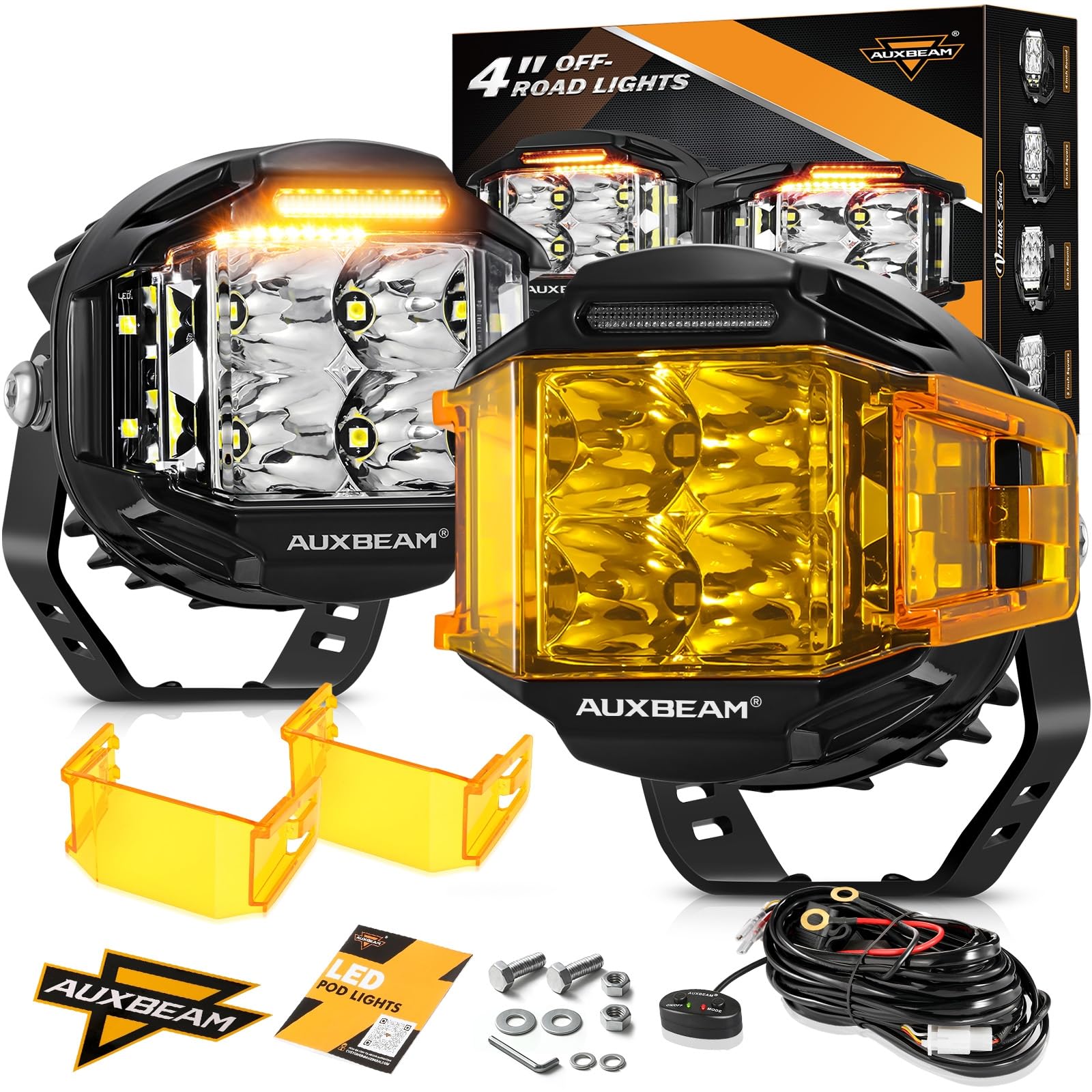 Auxbeam V-MAX Series 4 Inch LED Pods with Side Shooter, 92W Round