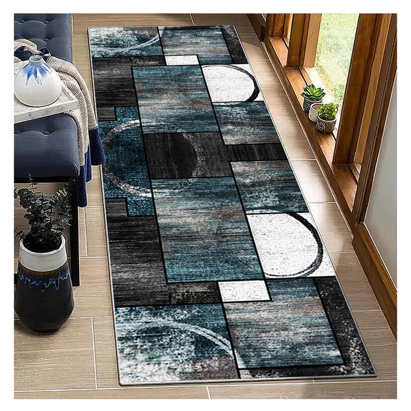 BORKOY Carpet Runners Rug 120x400cm Long for Hallway Non Slip Washable Blue and black, Modern Geometry Large Carpets Runner Anti-Slip Kitchen Corridor Hall Bedroom Living Room Doormat Floor Mats — image 1