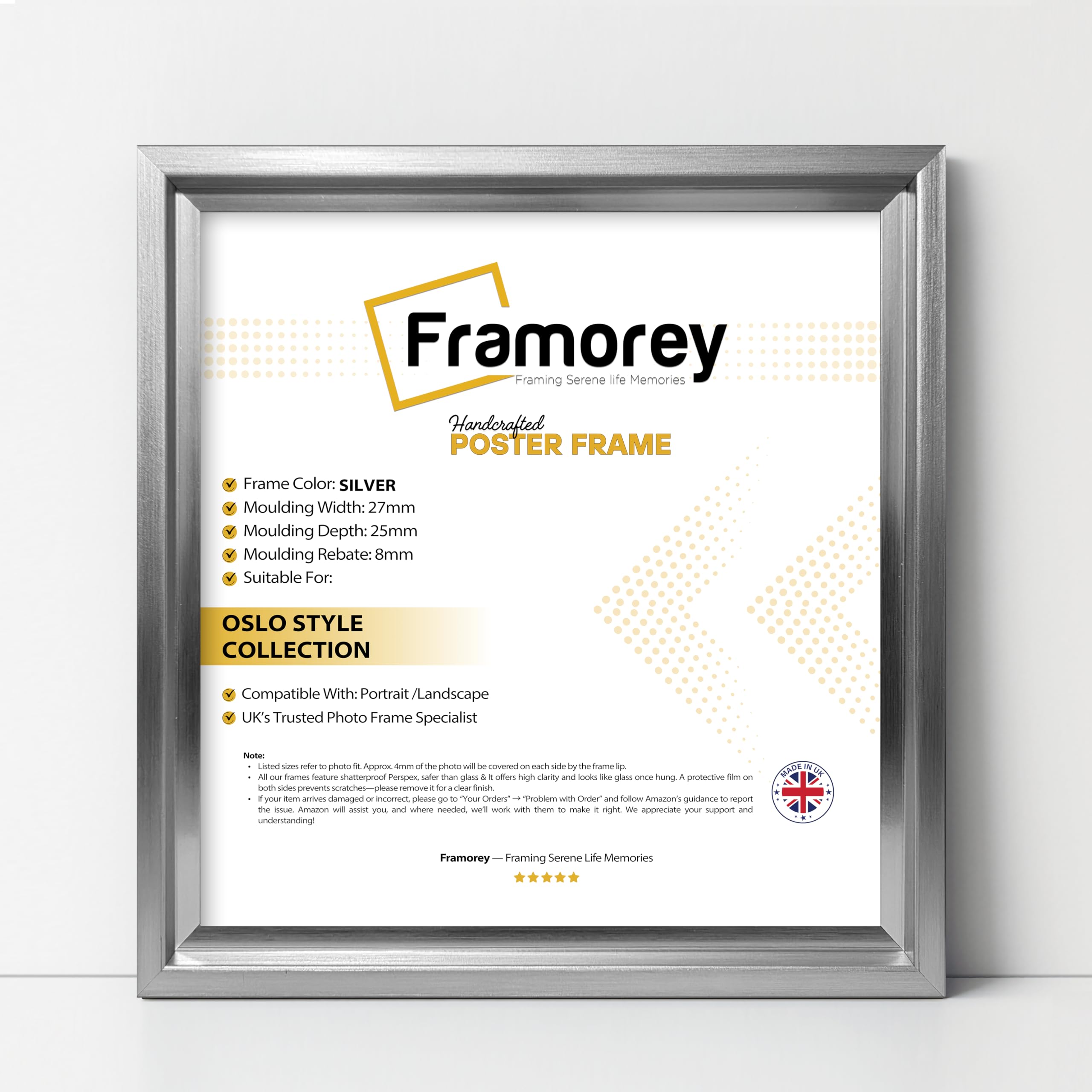 FRAMOREY Square Size Picture Frame, 15x15CM Size Silver Photo Frame, Oslo Style Poster Frame, With a High Clarity Styrene Shatterproof Perspex Sheet