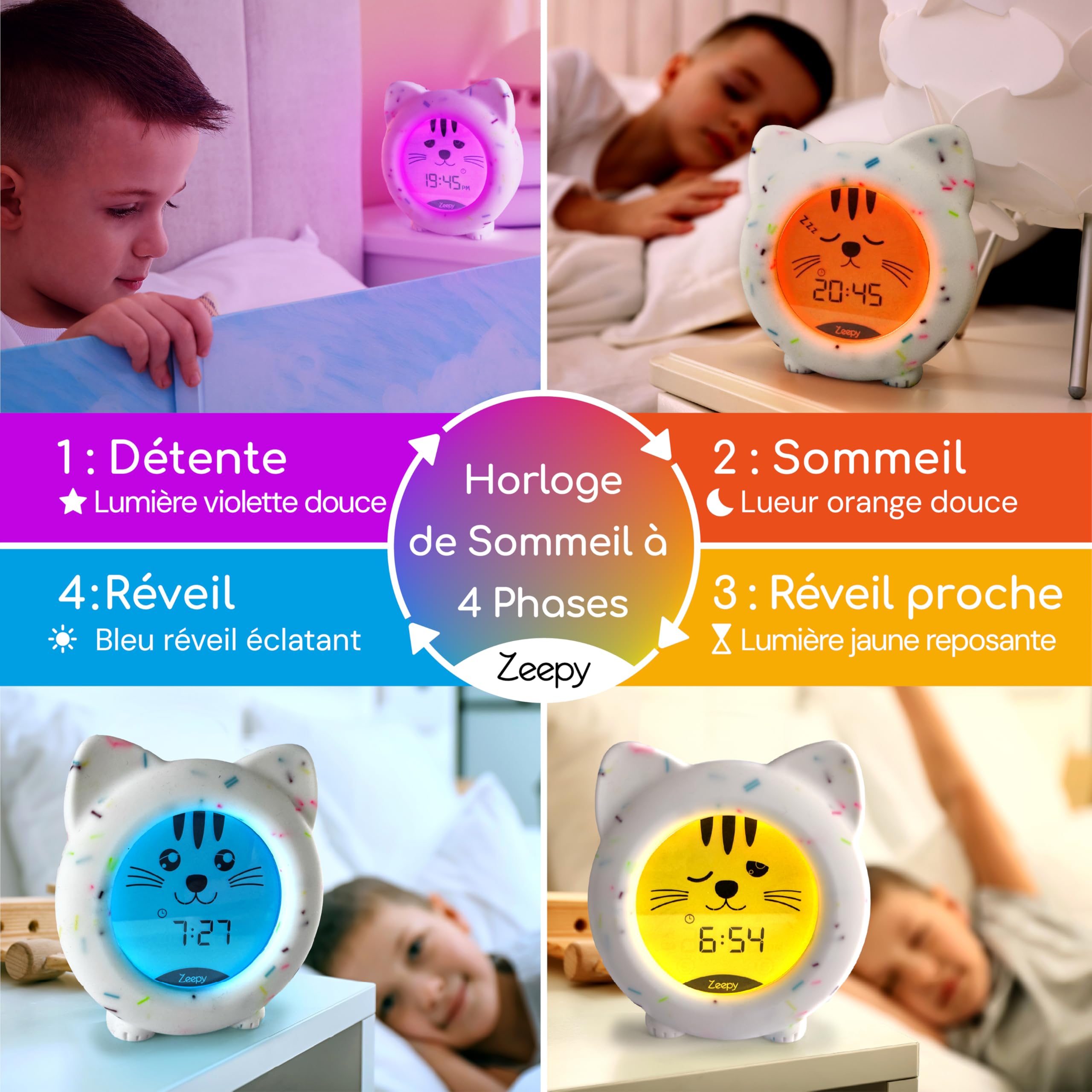 Zeepy Horloge Enfant 4 Phases Apprentissage Sommeil Reveil Educatif Jour/Nuit Veilleuse Bébé USB Cadeau Naissance