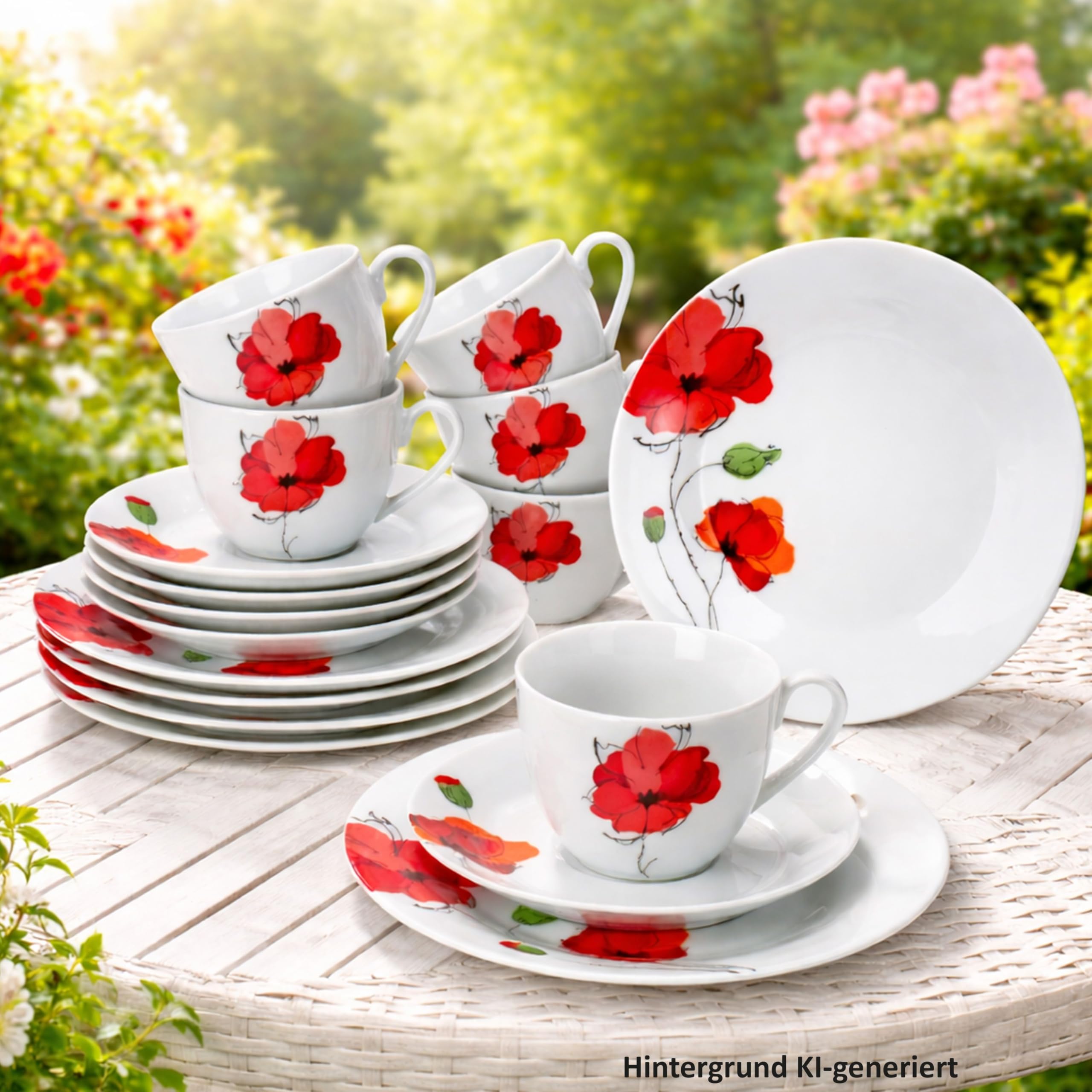 MamboCat Mona Service à café 18 pièces - En porcelaine florale avec décor coquelicot en blanc et rouge - Pour 6 personnes - 6 tasses à café de 160 ml - Soucoupes et assiettes à gâteau pour