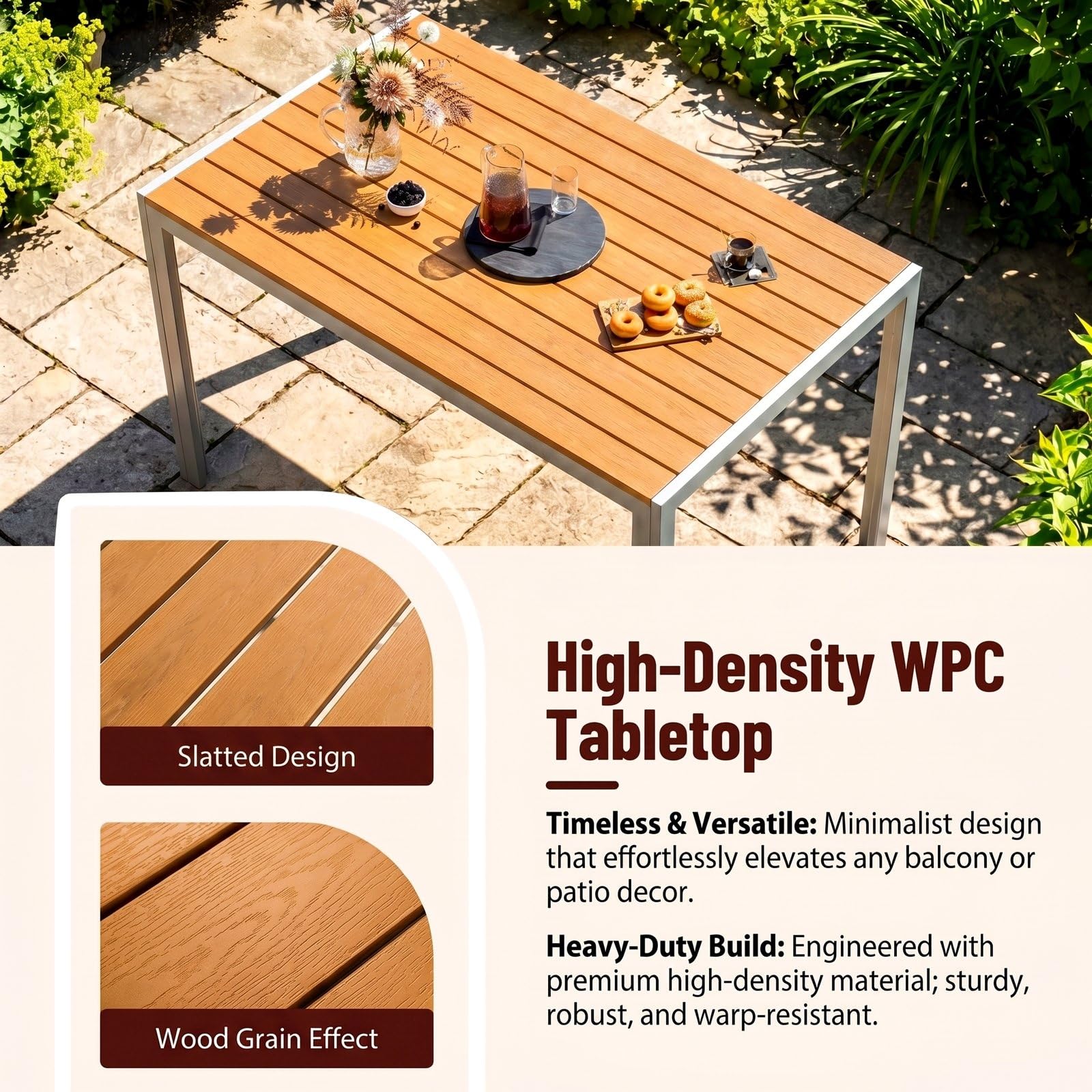 LIFERUN Gartentisch 110x70 cm mit Aluminiumrahmen, Rechteckiger WPC Balkontisch für 4-6 Personen, wetterfester und UV-beständiger Terrassentisch, moderner Outdoor Esstisch in Holzoptik, Teakbraun+grau