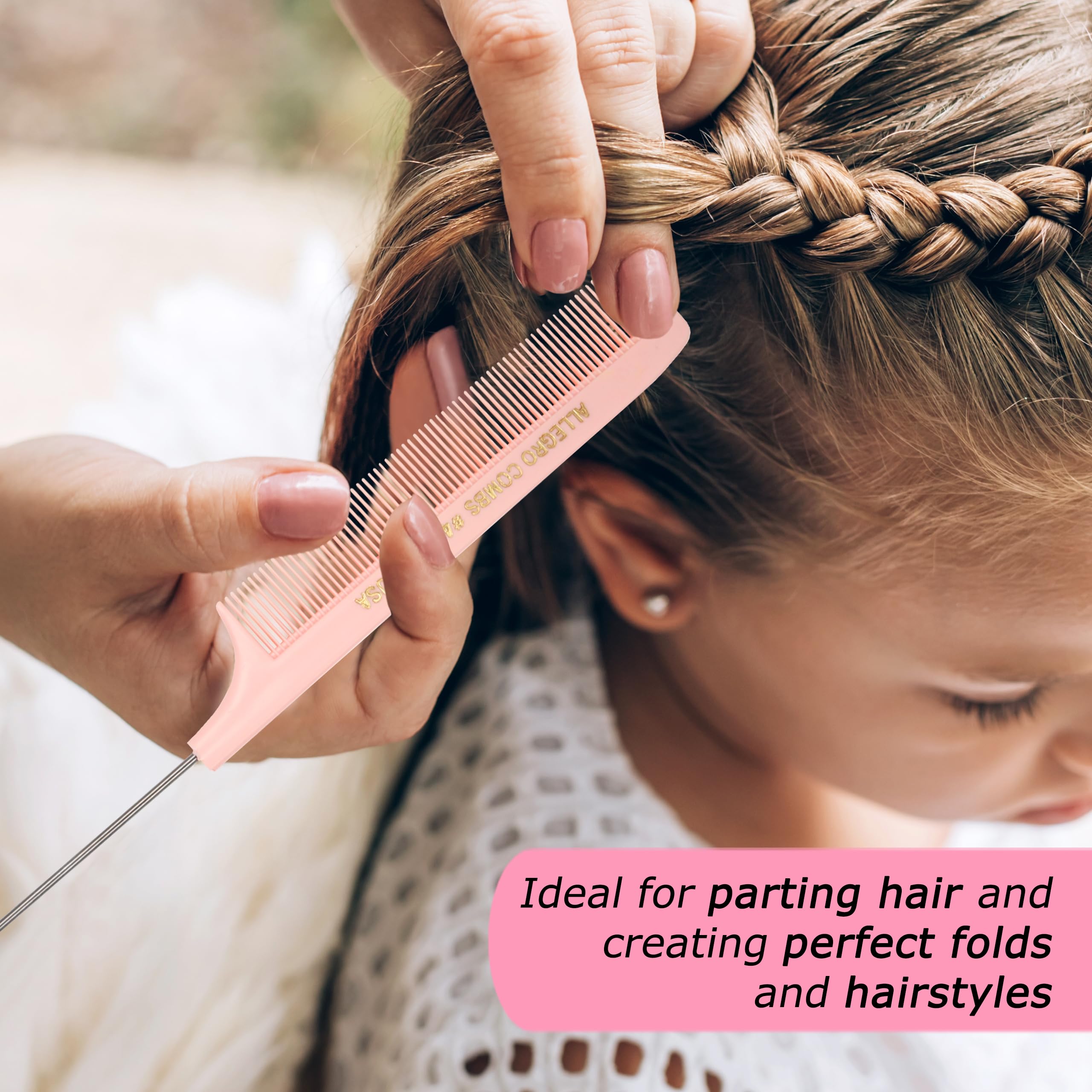 Allegro Combs XL Rattenschwanzkämme Pintail Trennkämme Metallschwanztrennkämme Aluminium Stichkämme Zopfstich Kämme 2 Stück (Rosa)