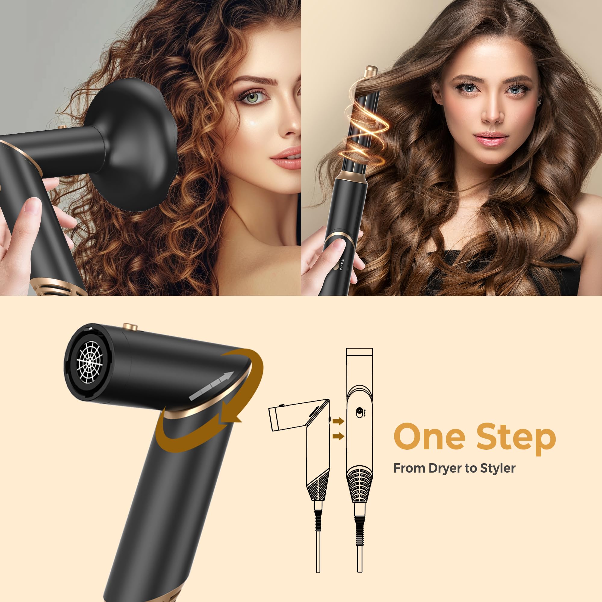 Air Styler 6 en 1 Air Brush Brosse Chauffante Brushing & Sèche-Cheveux avec Diffuseur Brosse Soufflante Airstyler Boucleur a Cheveux à Air Brosse à Lissante Ensemble Airbrush Coiffure Femmes, Noir