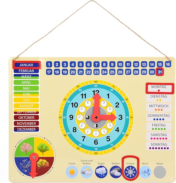 ewtshop® Zegar edukacyjny z metalu, kolorowa tablica edukacyjna z datą, godziną i pór roku, kolorowy