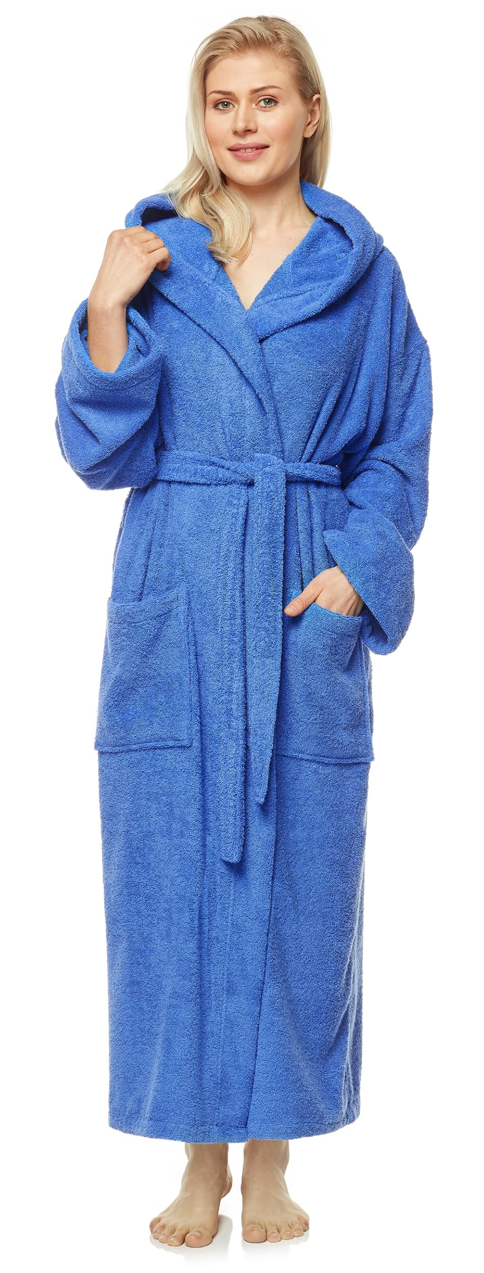 Arus Women`s bathrobe with hood, calf length, 100% cotton terry towelling, royal blue, XL-XXL