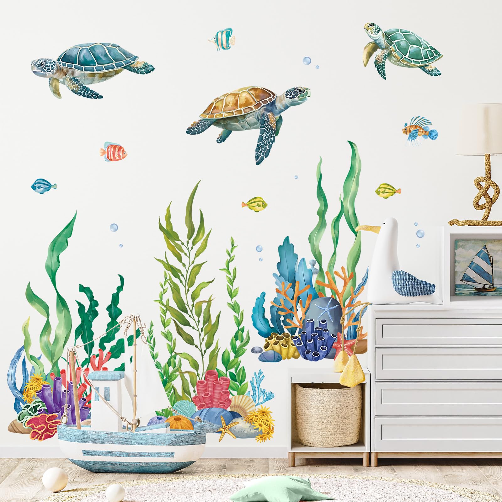 SHUCHING Pegatinas de Pared Tortuga Marina, Vinilo Adhesivo Pared Algas del Océano para Niños, Vinilos Decorativos para Dormitorio Infantil Baño