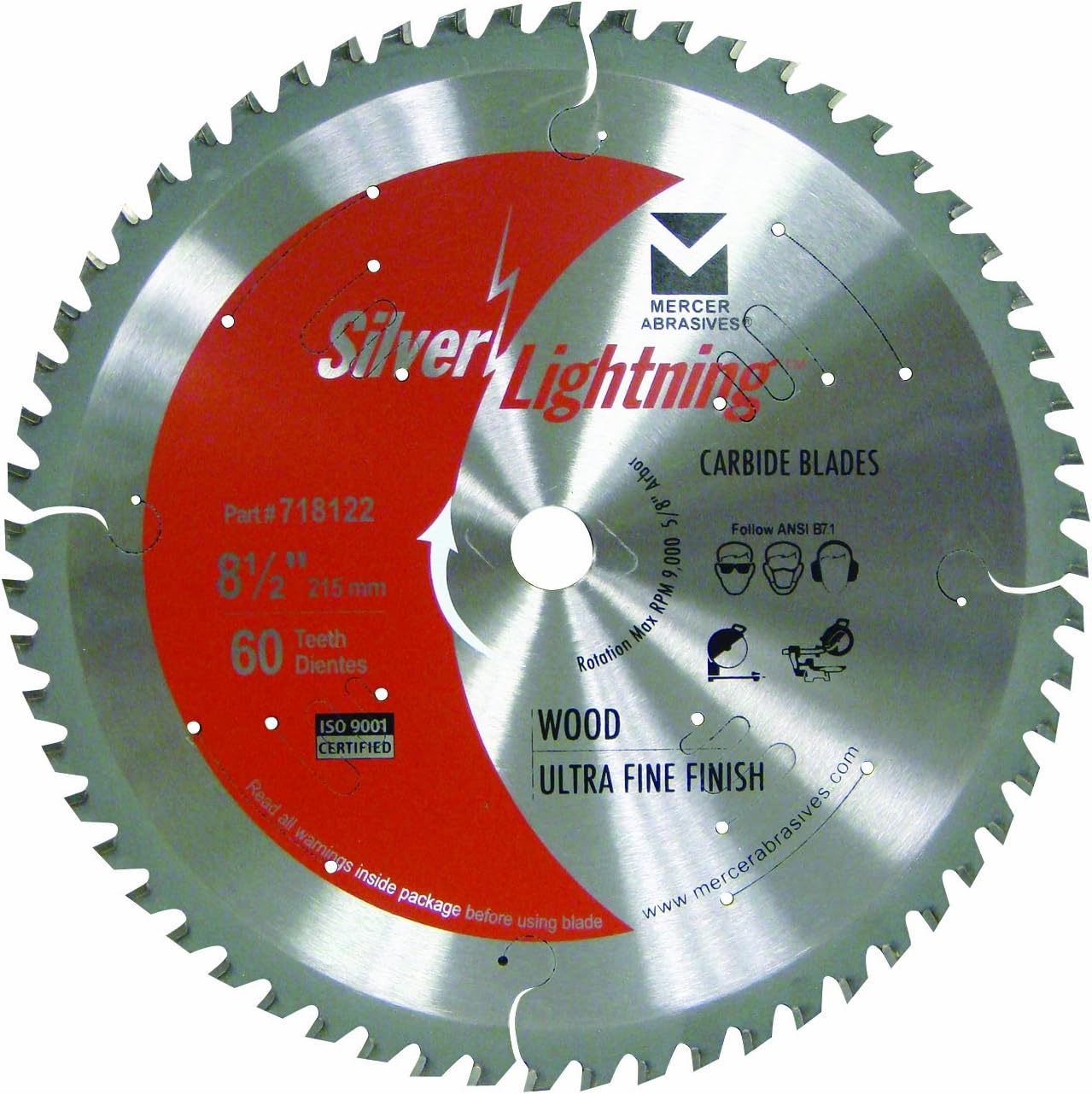 Mercer Abrasives 718122 60-Tooth ATB Carbide Wood Cutting Blade with 8-1/2-Inch Diameter and 5/8-Inch Arbor, Ultra Fine Finish