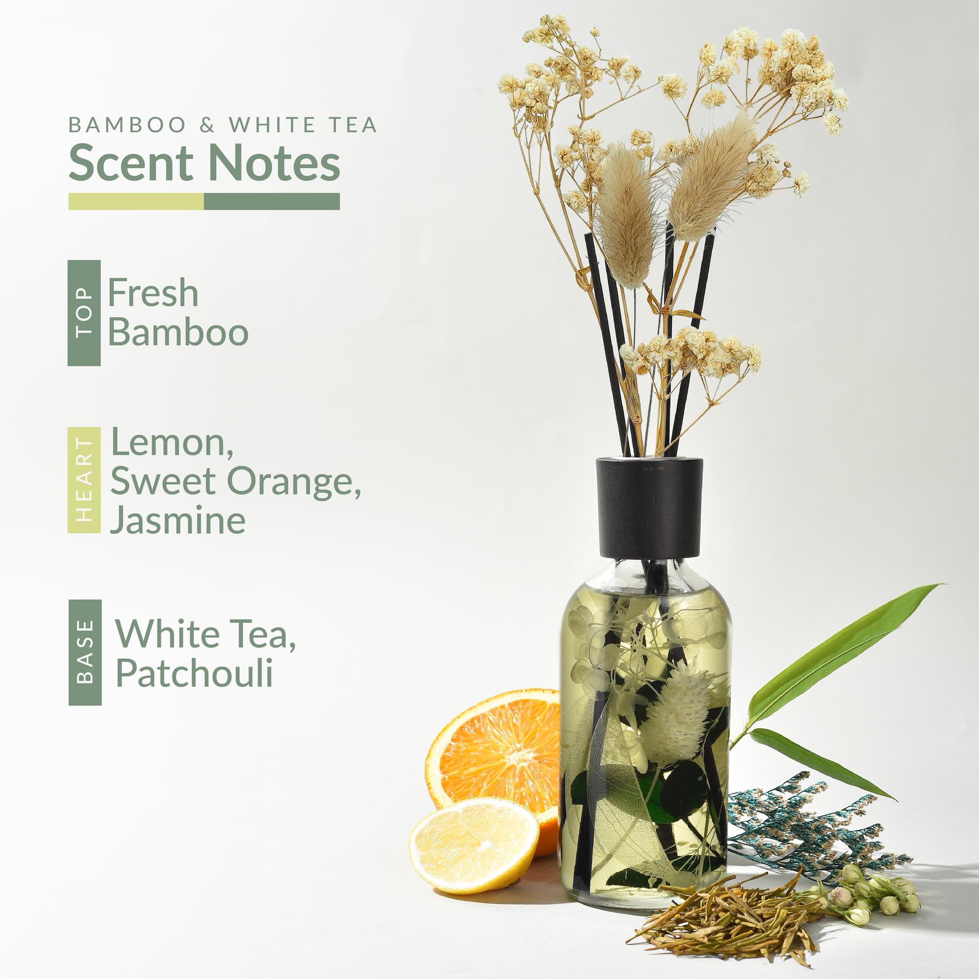 Bamboo White Tea Reed Diffuser Set - Fragrance Reed Diffusers for Home - 250ml Glass Bottle with Plant Accents, Black Reed Sticks, Dried Flowers - Aromatherapy Reed Diffuser Oil for Relaxation