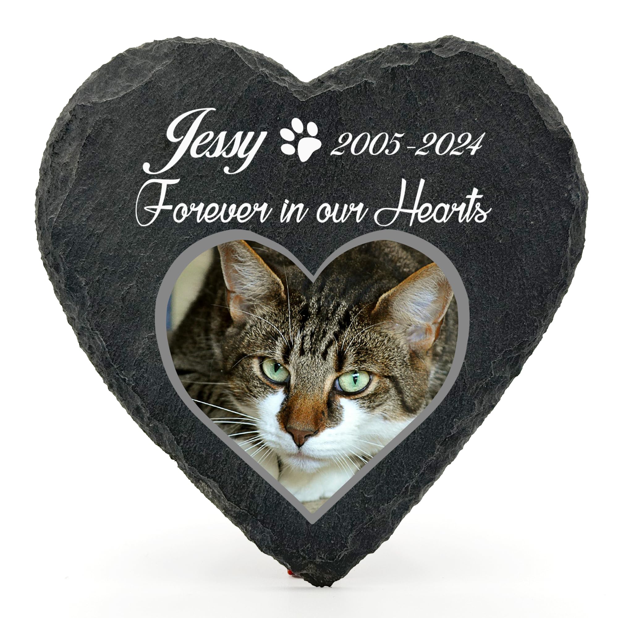 TULLUN Personalised Memorial Heart Shape Plaque For Pet Cat Dog Slate Natural Stone Frame Paw Grave Marker - Photo and Name - Size | 4" x 4" or 10 x 10 cm| — image 1