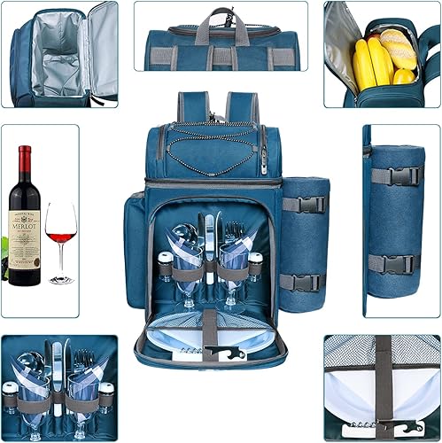 Miniatura 56 de Hap Tim Mochila de canasta de pícnic, soporte para vino, manta de forro de vellón y juego de cubiertos, perfecta para la playa, viajes de día, Gris