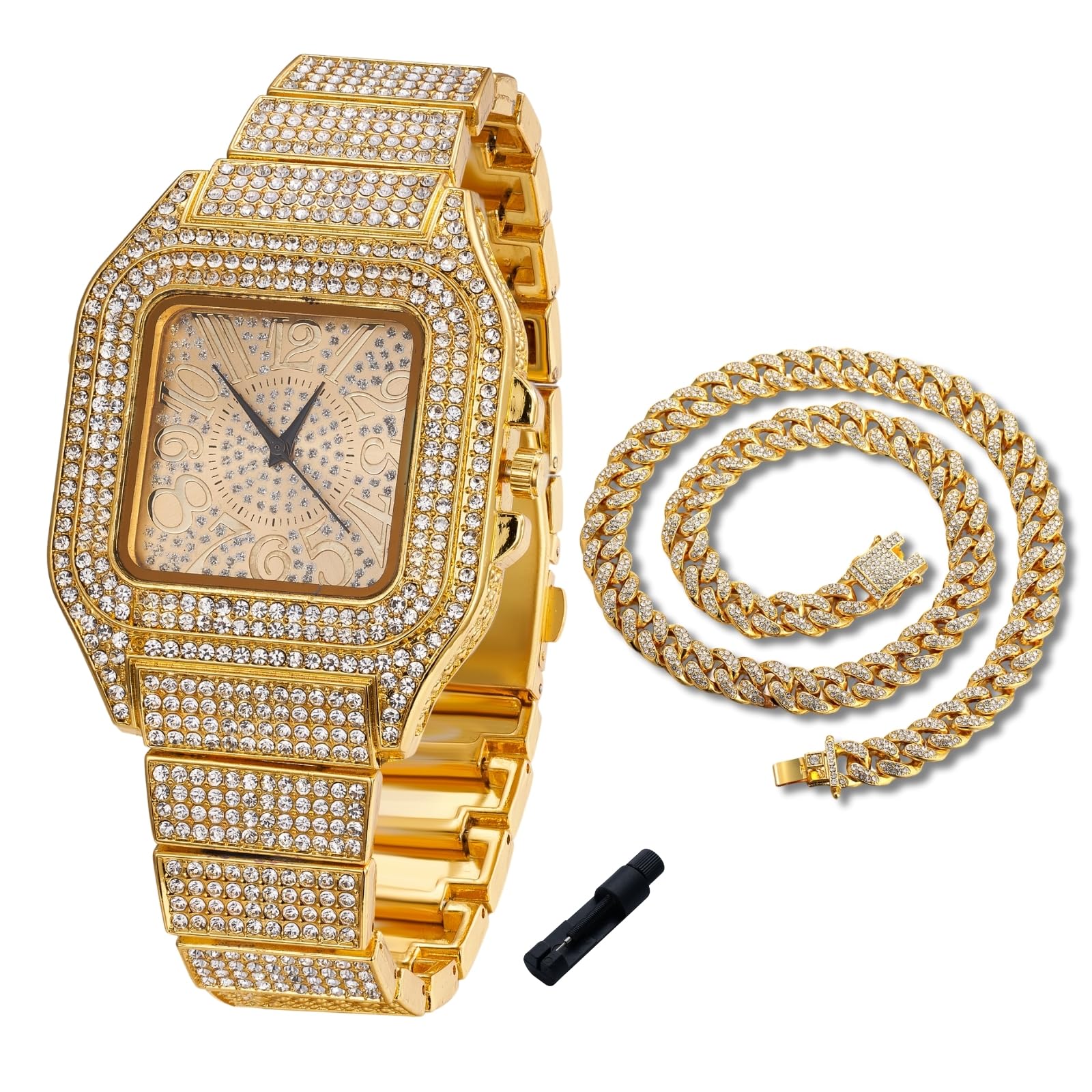 Halukakah Reloj de Oro con Diamantes para Niños,Adolescentes - Chapado en Oro 18K/Platino,Esfera Cuadrado con Números Árabes - Longitud 18.5cm -Opcional con Cadena Cubana,Herramienta de Ajuste Incluye