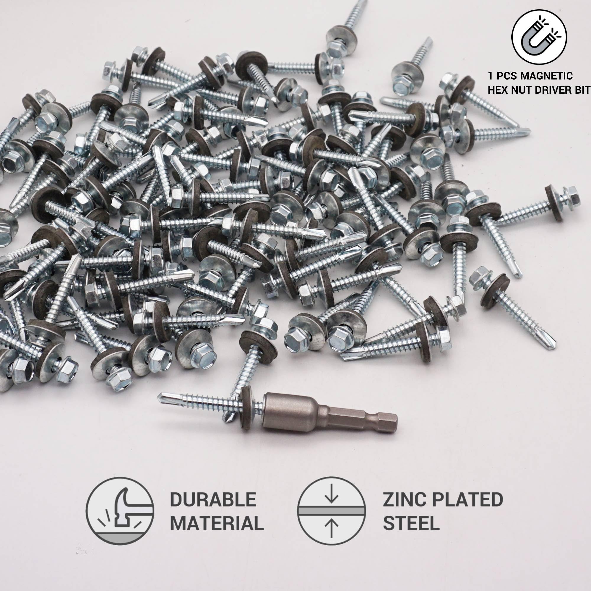 SKIR'CO (100 pcs) Zinc Plated Roofing Screws 5.5 x 38 mm, Hex Head, DIN 7504-K Self-Drilling Screws with EPDM Sealing Washers - Image 3