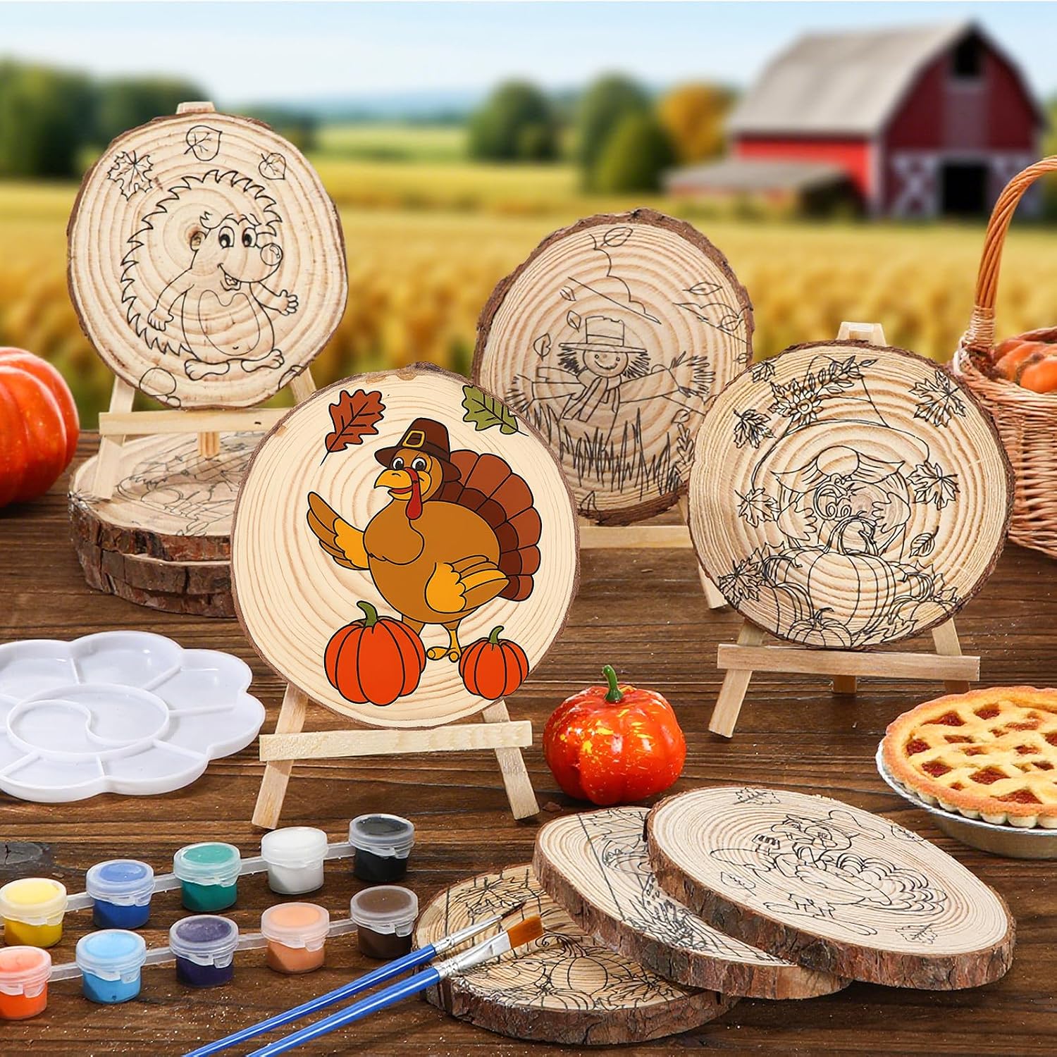 Zhanmai 10 Packs Thanksgiving Fall Painting Kits Thanksgiving Natural Pre Drawn Wood Slices to Paint Printed Wood Slices Pumpkin Turkey Paint Kit Pre Sketched Canvas for Painting Beginners Party Favor