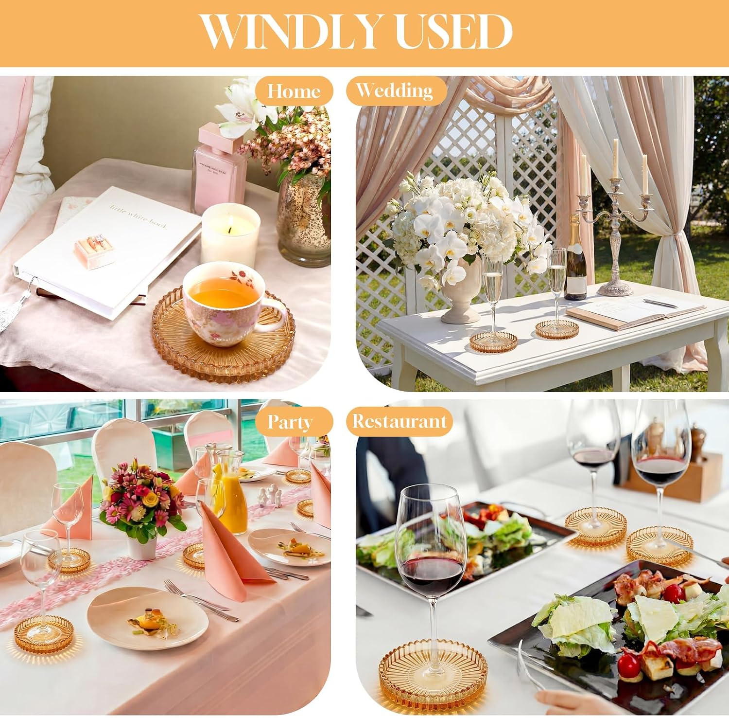 Remerry 8 Pcs Glass Coasters with Holder Clear Drink Coasters Crystal Round Beverage Cup Mats Candle Holder Tray for Coffee Table Home Kitchen Table Protection Serving Accessories (Amber)