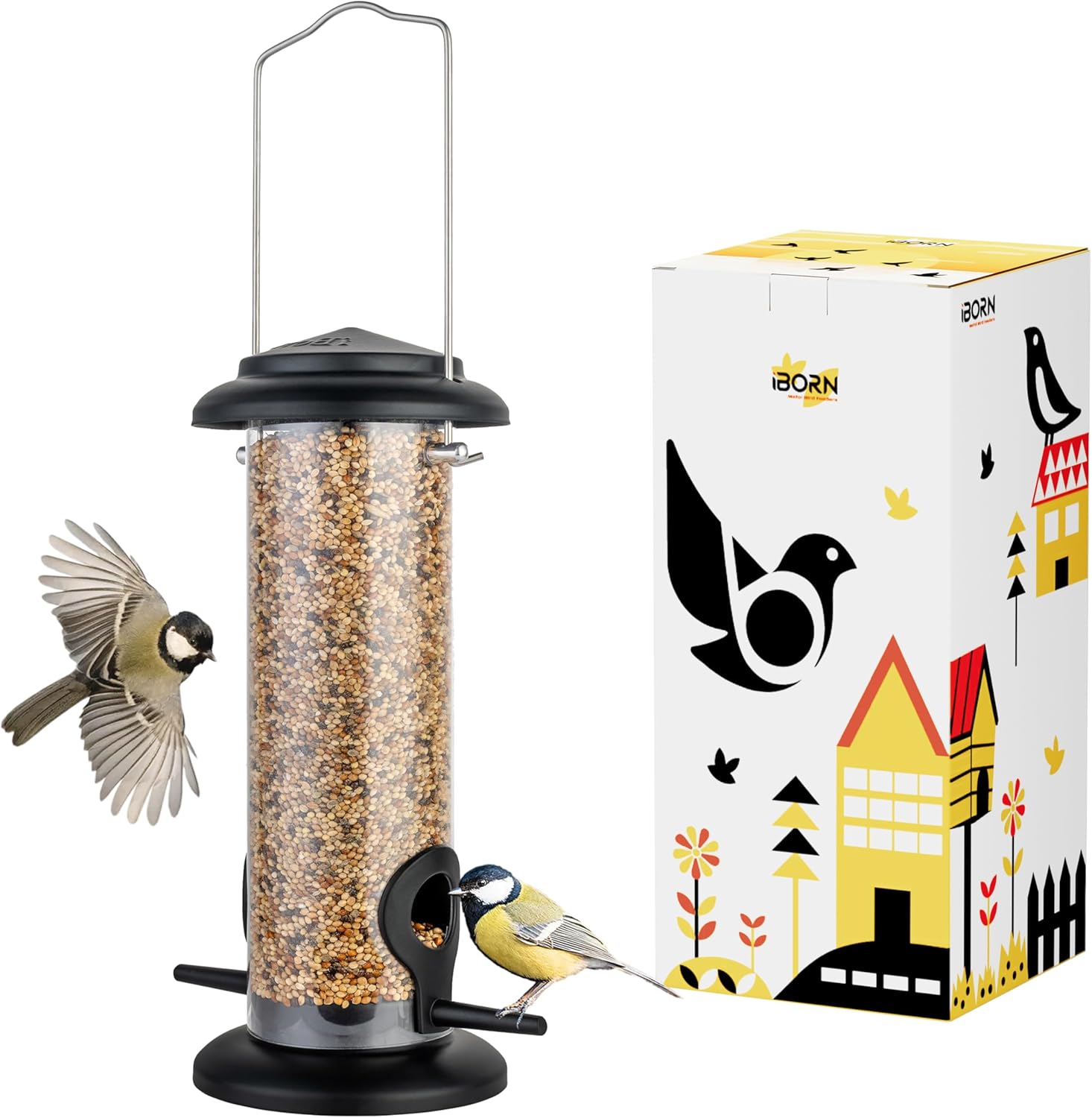iBorn Metall-Vogelfutterhaus zum Aufhängen für Wildvogelfutter, Vogelfutterspender，geeignet für Mischfutter, Niger-Saat,Sonnenblumenkerne, robuste Ganzmetall-Ausführung,20cm(8 Zoll),Schwarz