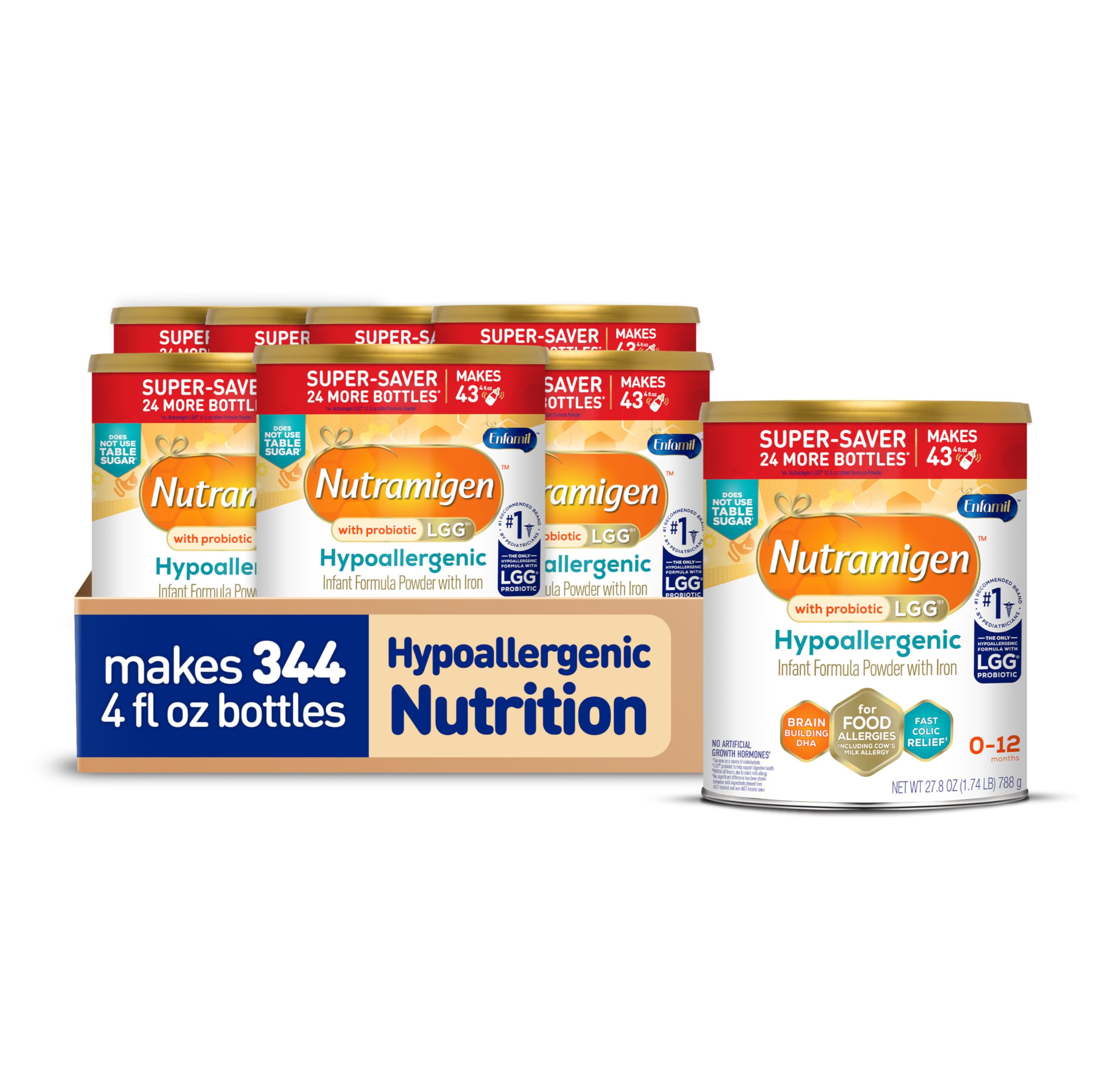 Nutramigen Hypoallergenic Baby Formula, Lactose Free, Colic Relief from Cow's Milk Allergy Stars in 24 Hours, Brain Building Omega-3 DHA, Probiotic LGG for Immune Support, 27.8 Oz, Pack of 8