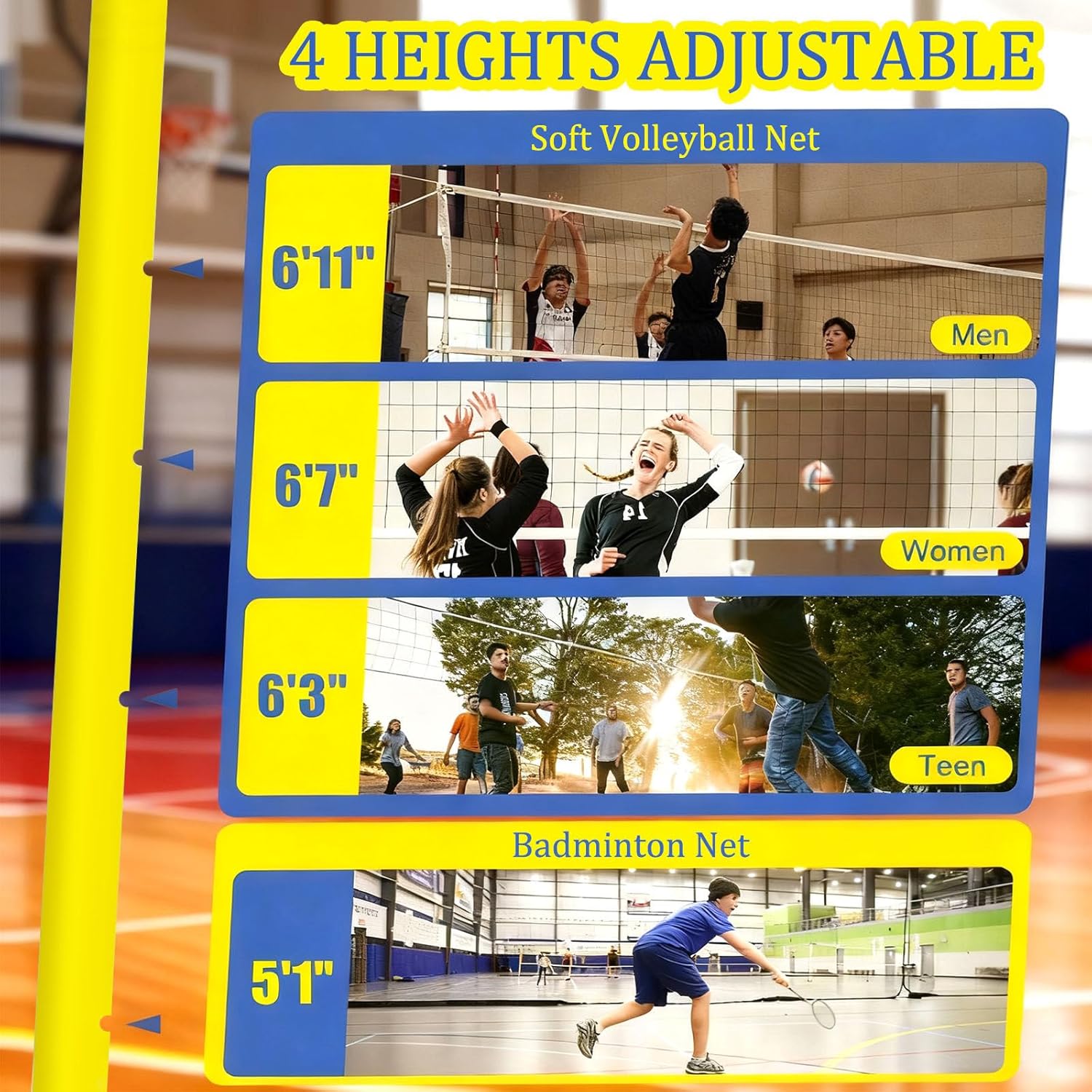 Upgraded Badminton/Soft Volleyball Poles with Adjustable Height (5.1-6.9ft), Portable Wheels & Steel Base, Suitable for Backyard, Beach Park, Outdoor Indoor Games