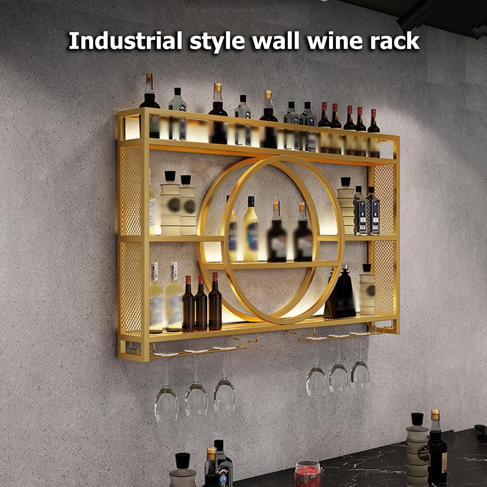 Estante de exhibición industrial montado en la pared con luz LED para botellas de vino, decoración dorada de cocina, bar