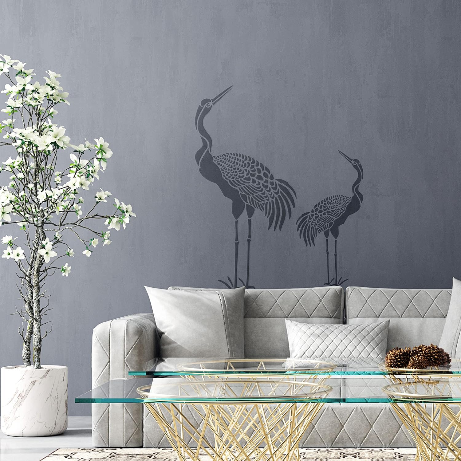 NAKLEO Large Wall Painting Stencil 23,2" x37,4, Japanese Standing Crane Art Deco Oriental Pattern, Reusable Plastic Template, DIY Art and Craft Home Decor, Floor Wood Fabric Furniture