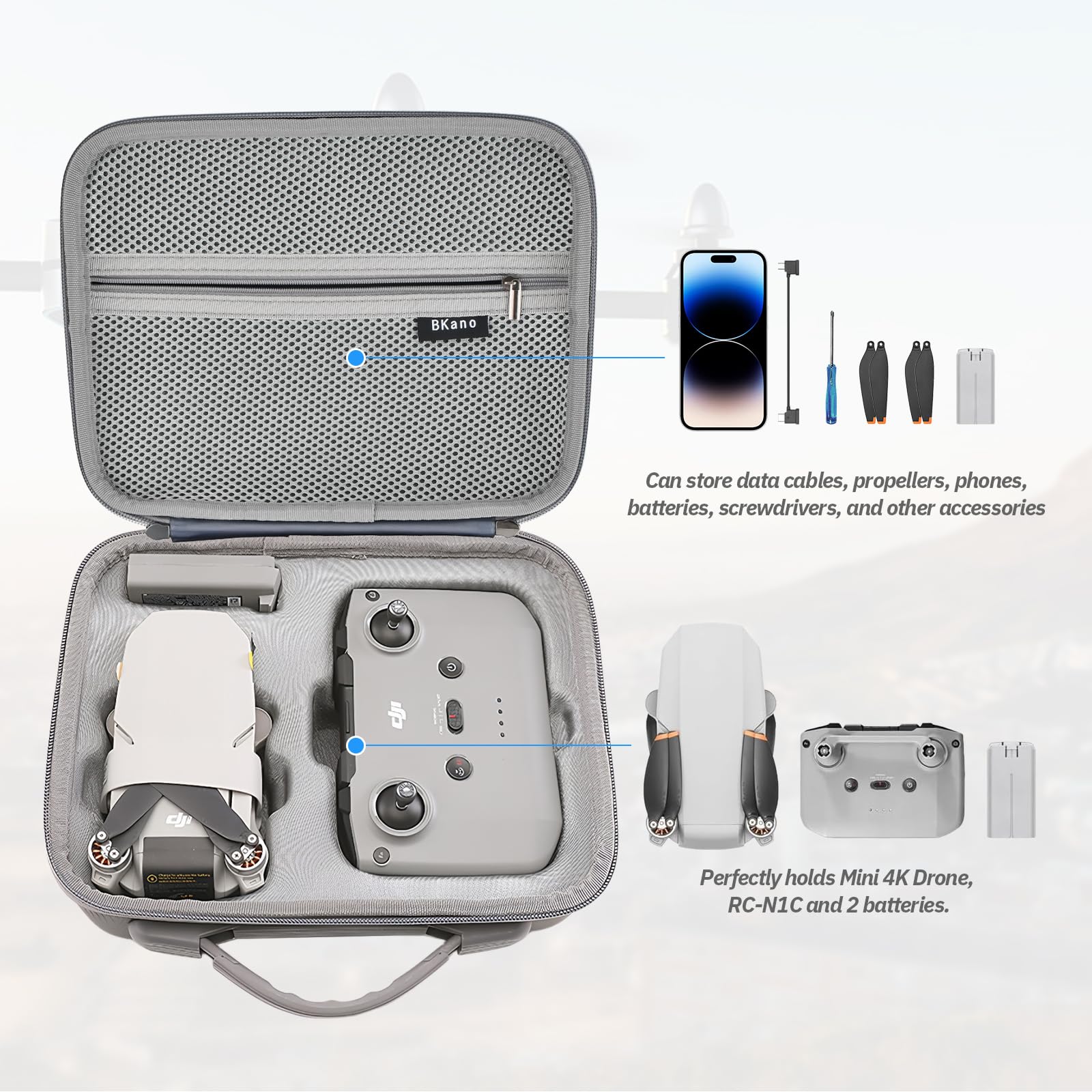 Custodia per DJI MINI 4k/Mini 2/ 2 SE, Impermeabile Compatto e portatile Borsa per DJI minis 4k attacco controller e supporti eliche con tracolla e maniglia, Grigio