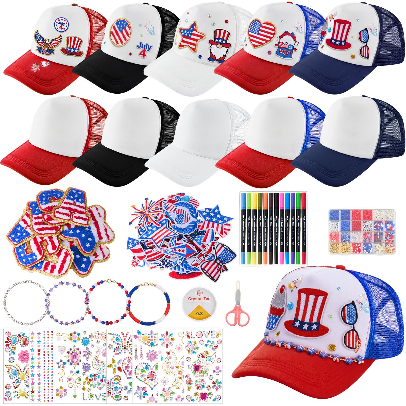 Photo 1 of Skicuff 130 Pcs 250th Anniversary 4th of July Patriotic Craft Set, 10 Pcs DIY Red White and Blue Trucker Hats with Stickers Patches Chains USA Chenille Letters Beads for Independence Day Party Decor