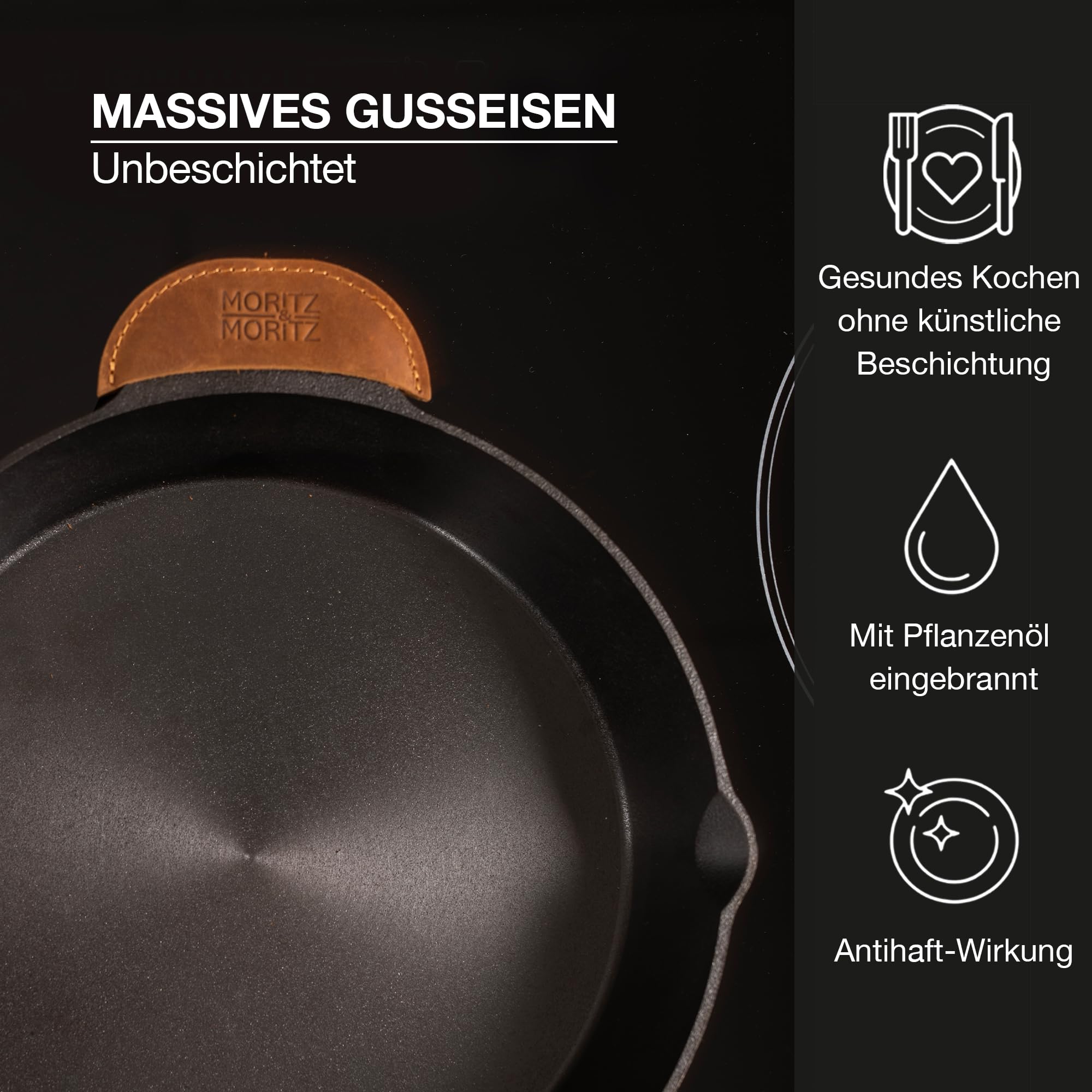 Moritz & Moritz Gusseisenpfanne Induktion 28 cm - Voreingebrannte Antihaft Pfanne Gusseisen Induktion für alle Herdarten, Ofen & Grill geeignet - Inkl. Pfannenwender - Cast Iron Pan Induction