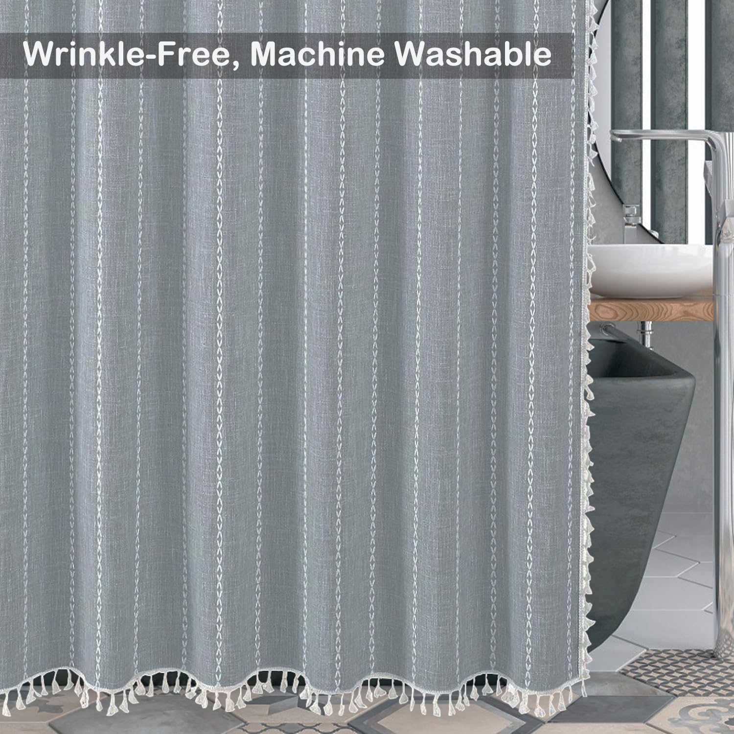 Colorigan Boho Farmhouse Shower Curtain - 72x84 Inches Soft Fabric Shower Curtain Set with Tassel, Water Repellent Cloth, Modern Bohemian Chic Country Bathroom Shower Curtains