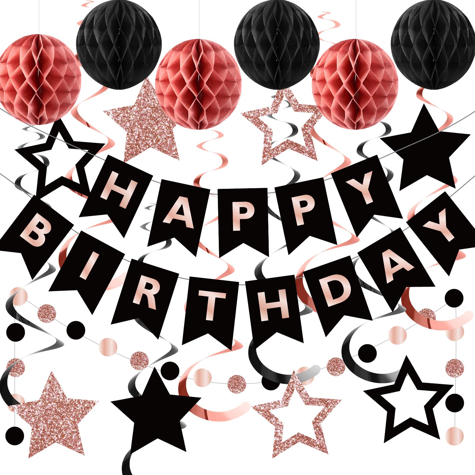 Rose Gold Black Birthday Party Decoration Supplies for Girl Women Men Boy Rose Gold Black Birthday Banner Honeycomb Balls Star Glitter Hanging Swirls