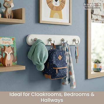 Keypak 4-Hook Wall-Mounted Key Tidy Chrome Hooks on White Wooden Board