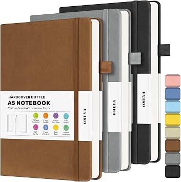 Bullet Dotted Journal Notebook 3 Pack, A5 Dotted Journal with 120gsm Paper, Leather Dotted Notebook, Hardcover Dot Grid Notebook Each with 156 Nmubered Pages, Dot Journal for Women, Men 5.75" 8.38"