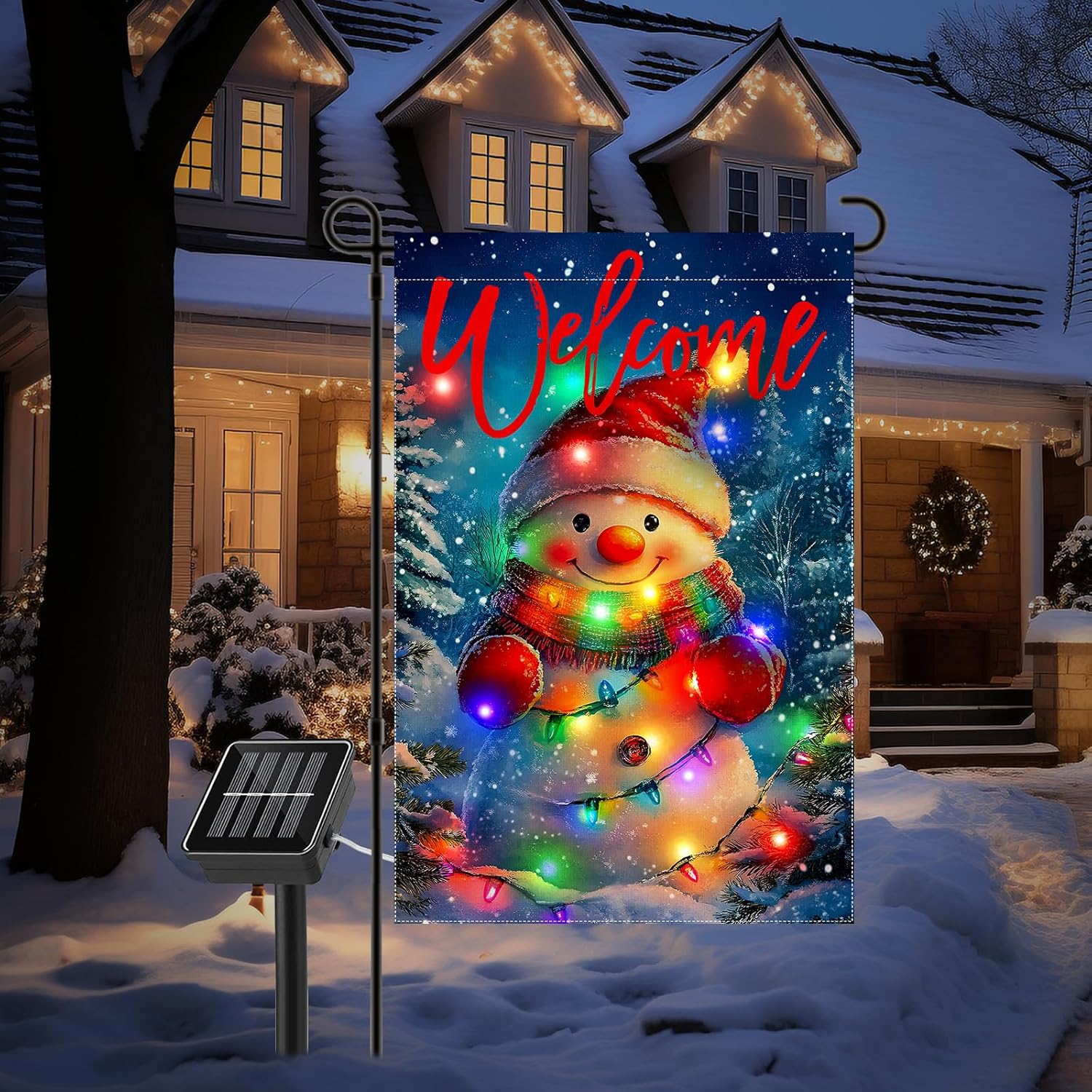 Led Lighted Christmas Garden Flag, 12x18 in Double Sided Outdoor Lighted Snowman Yard Flag, Solar Snowman Christmas Decorations for Patio Lawn, Home Porch - Image 7