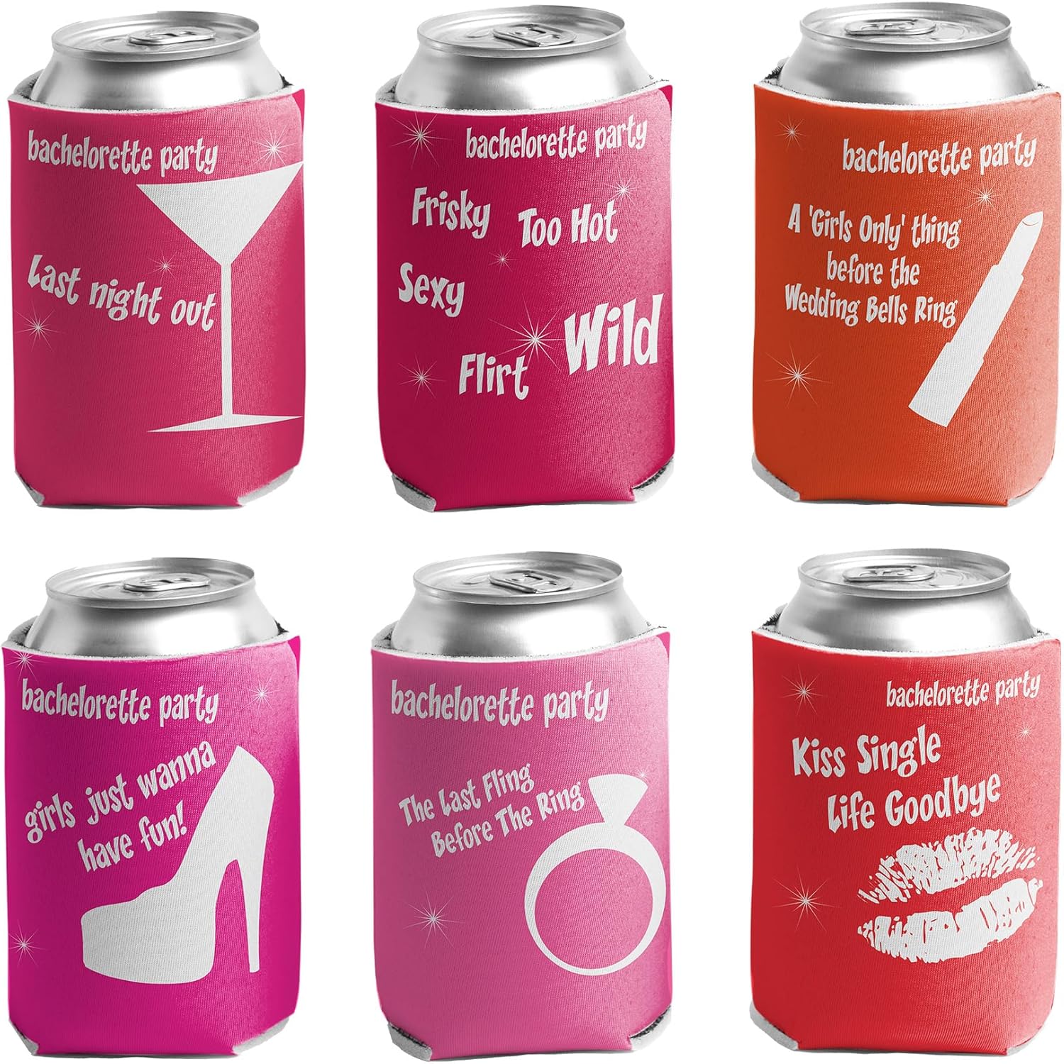 VictoryStore Bachelorette Can Coolers – Funny Pink Drink Sleeves for 12–16 oz Cans & Bottles – Set of 6 Bridal Party Favors – Bachelorette Party Supplies