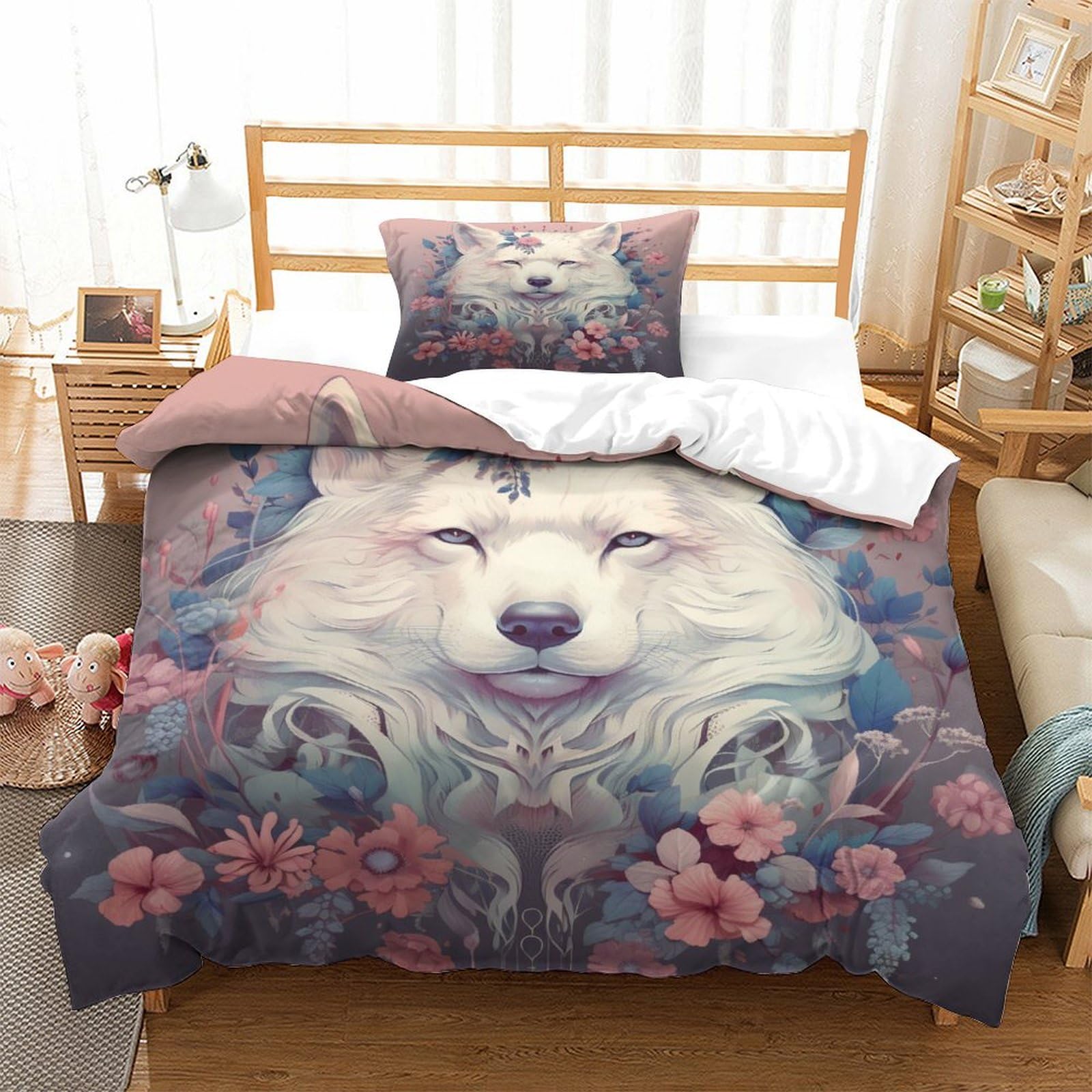 P1S9U7W5Y Elegant Wolf 3D Printed 3 Piece Duvet Cover Set Microfiber Bedroom Decor Floral Wolf Bedding Set for Adults Teens Soft Breathable All Seasons Single（135x200cm）