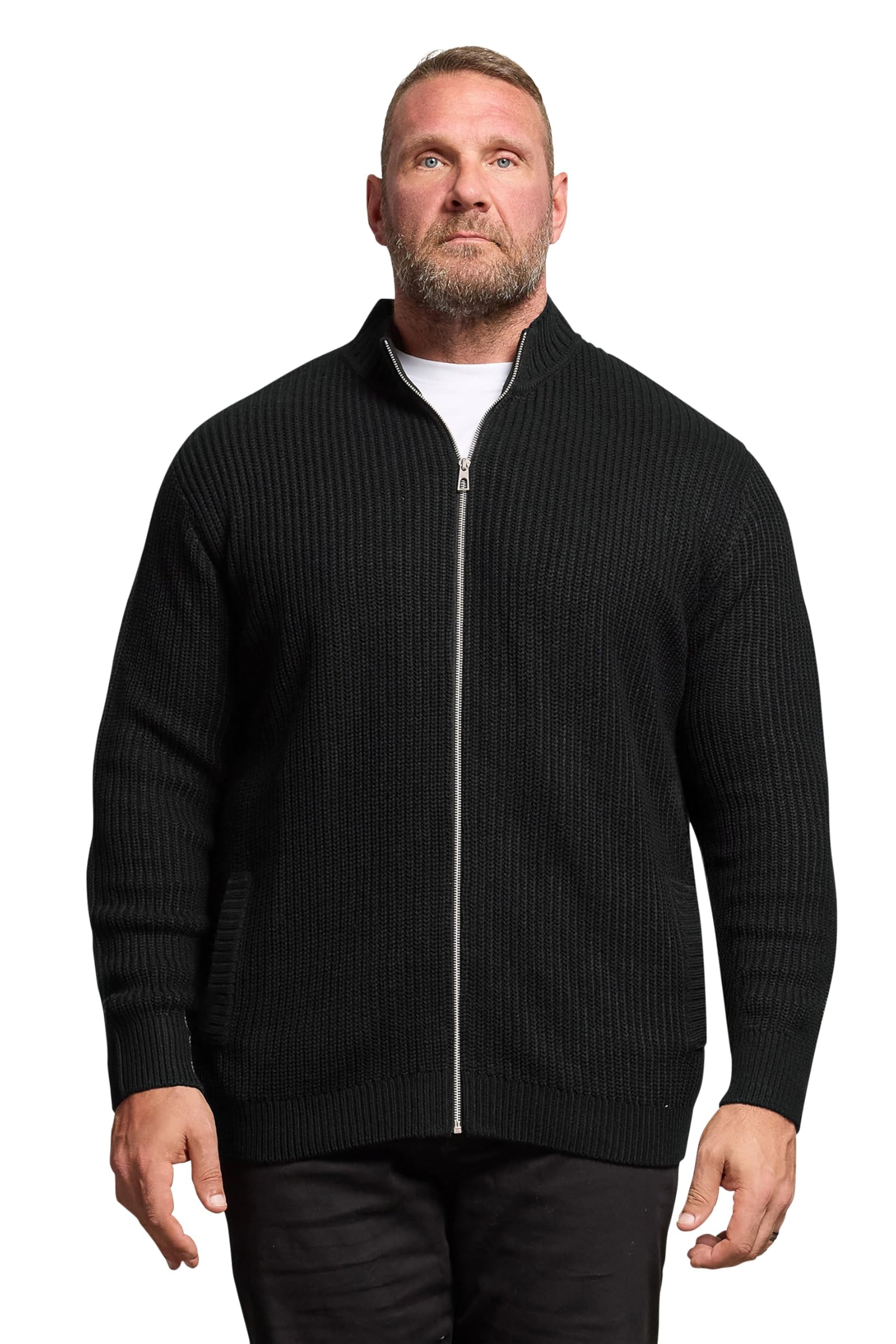 BadRhino Big & Tall Ribbed Zip Through Knitted Jumper - Men's - Plus Size Curve Black