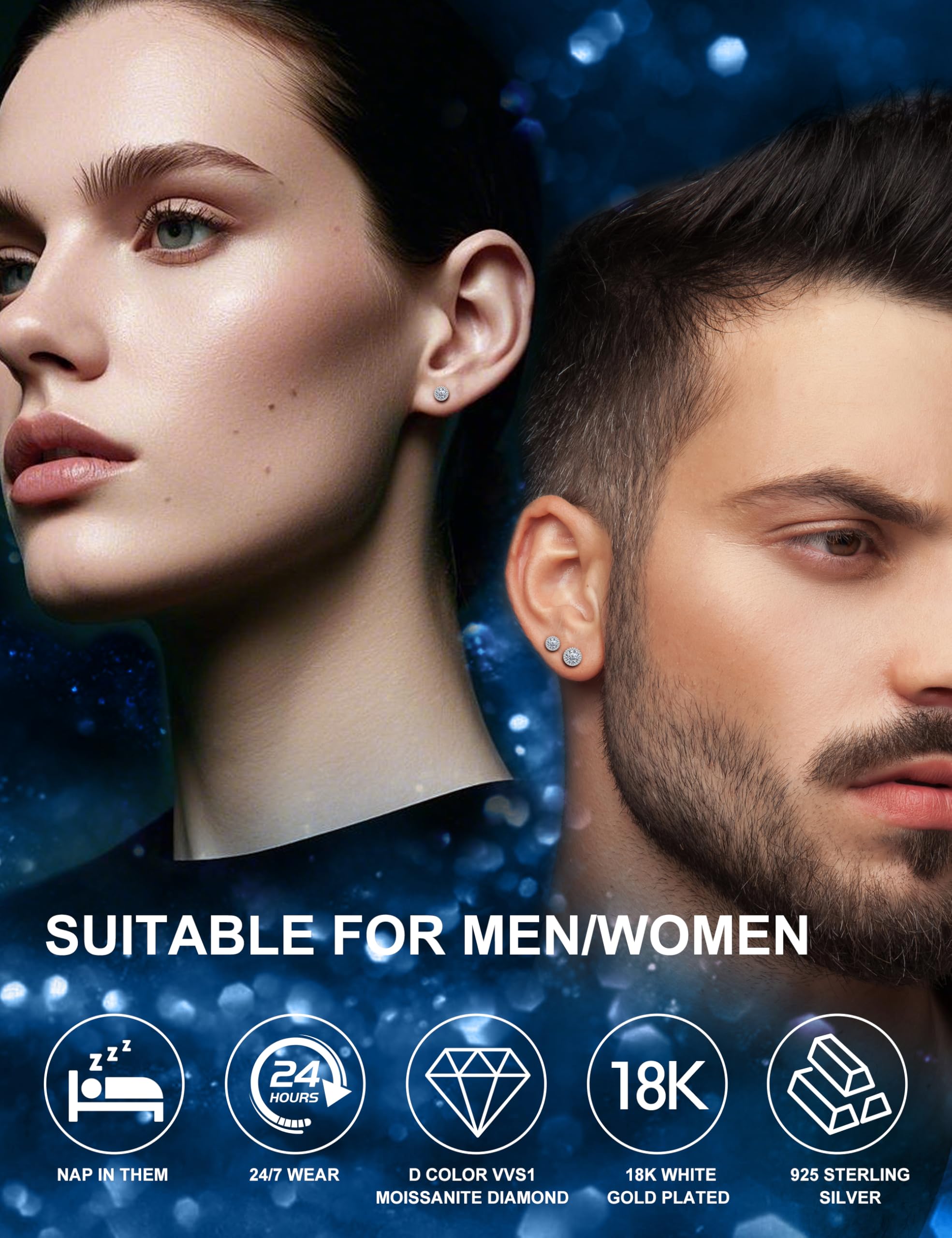 Moissanite Halo Earrings Studs : 1CT-4CT 18K White Gold Plated S925 Sterling Silver Stud Earrings for Women Men Hypoallergenic Dainty Moissanite Jewelry for Sensitive Ear D Color Round Cut VVS1