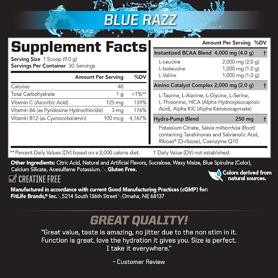 PMD Sports BCAA Stim-Free Amino Acids - Better Workout Performance, Enhanced Recovery, Daily Energy, Muscle Builder, and Muscle Sparing - BCAA Powder Drink Mix - Blue Razz (30 Servings)