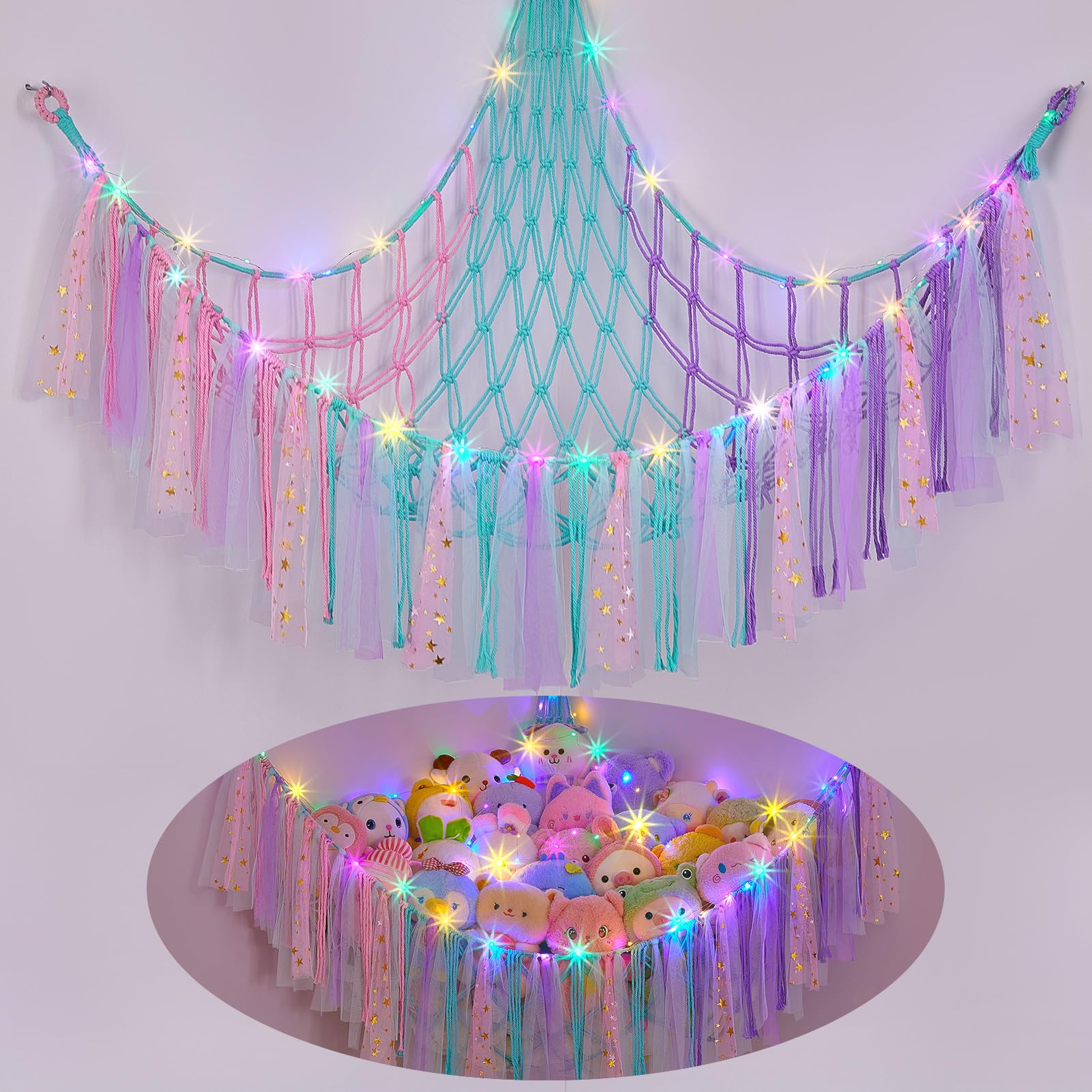 FIOBEE Stuffed Animals Net LED Light Toy Hammock for Kids Bedroom Storage