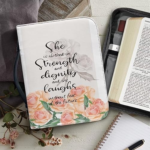 Miniatura 7 de FOR U DESIGNS Funda de cuero para la Biblia con diseño de flores para mujer, con texto en inglés "She is Clothed with Strength and Dignity and She