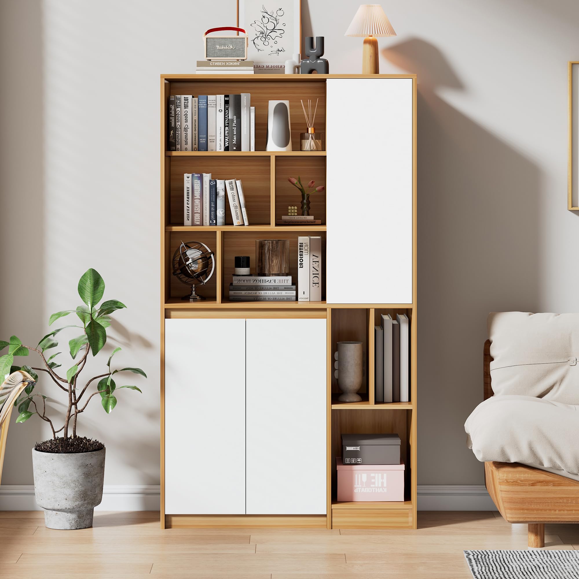 Armoire Bibliothèque Moderne Avec Porte Amovible Et étagères - Meuble Rangement Livres, Décorations - Bois Ingénierie Durable, Facile à Assembler - 7