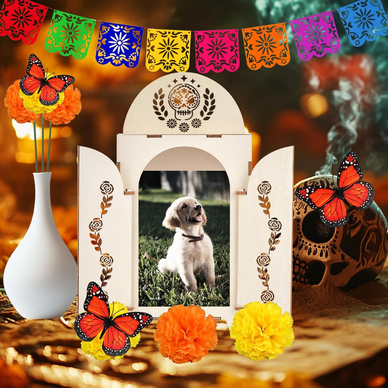 sicutoz Day of The Dead Ofrenda Altar Kit – Dia de Los Muertos Shadow Box with Marigold Flowers, Monarch Butterflies, Papel Picado Banners – DIY Memorial Altar Set for Remembrance & Celebration