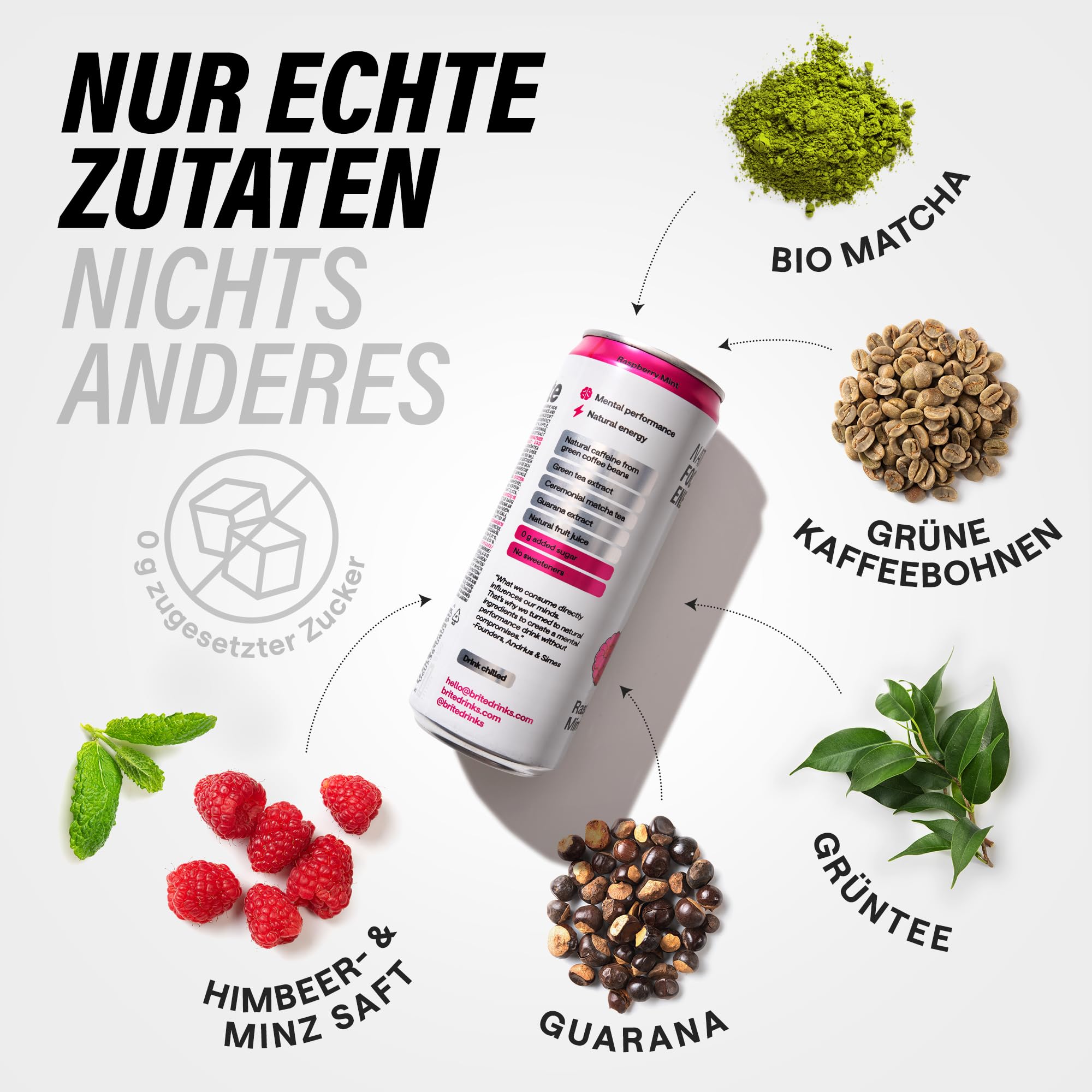 Brite Natural Focus. Energy-Drink & Kaffee-Alternative für mehr Produktivität. Pflanzlich, wissenschaftlich fundiert durch Neurowissenschaften. Kalorienarm, vegan, glutenfrei. Himbeere-Minze, 12 x 330